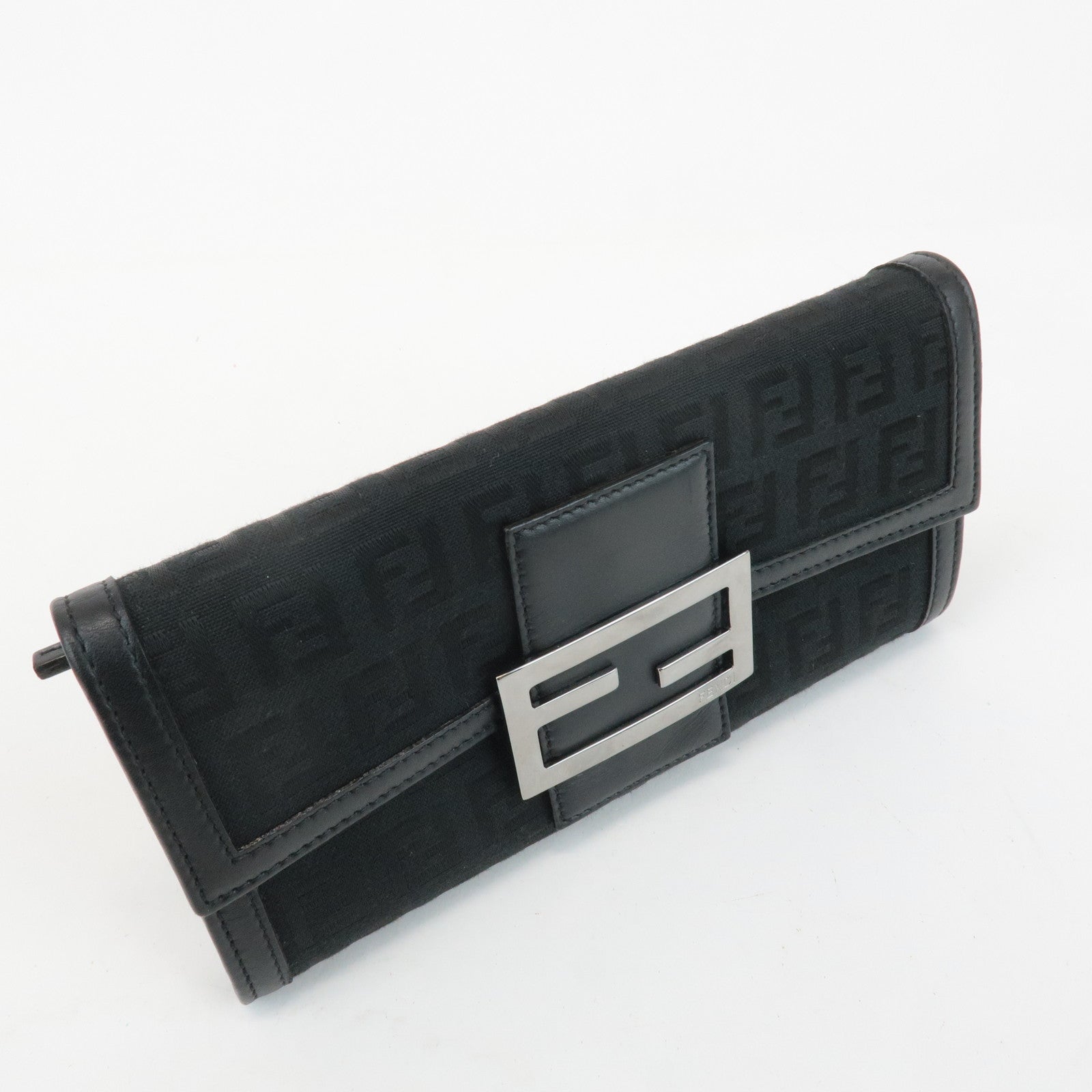 FENDI Zucchino Leather Canvas Bi-fold Long Wallet Black M0021 Used