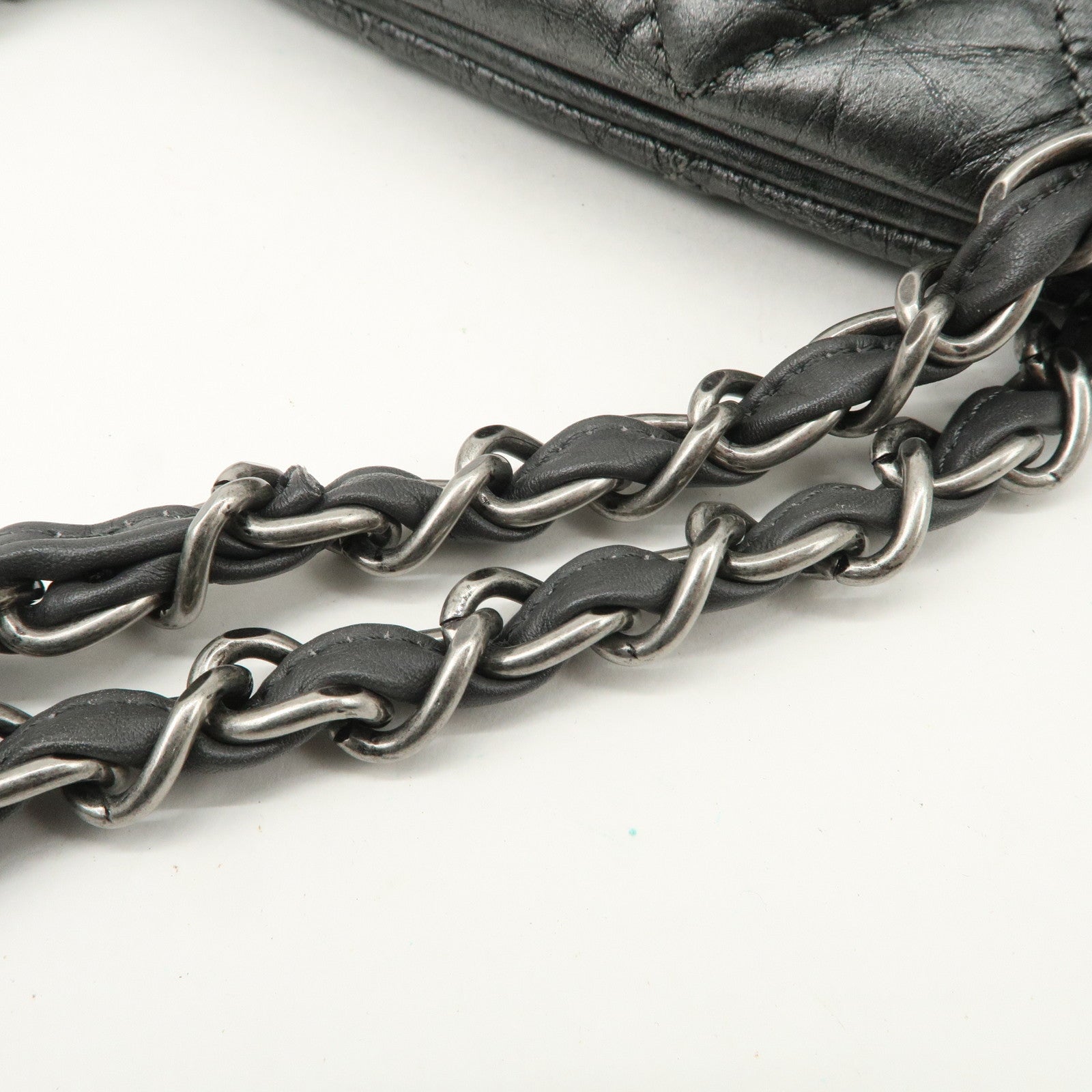 CHANEL Matelasse Leather Mademoiselle Chain Shoulder Bag Gray Silver Used