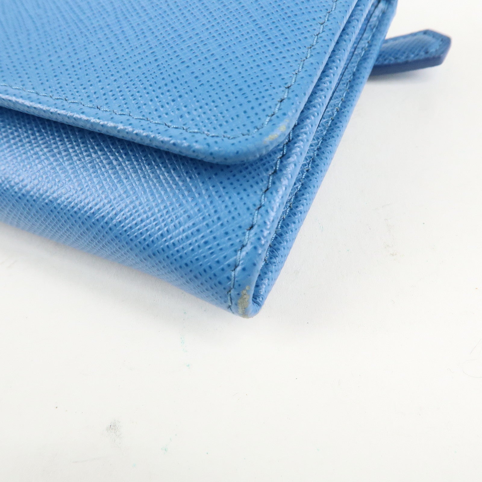 PRADA Saffiano Leather Bi-Fold Long Wallet Blue Gold HDW 1MH132 Used