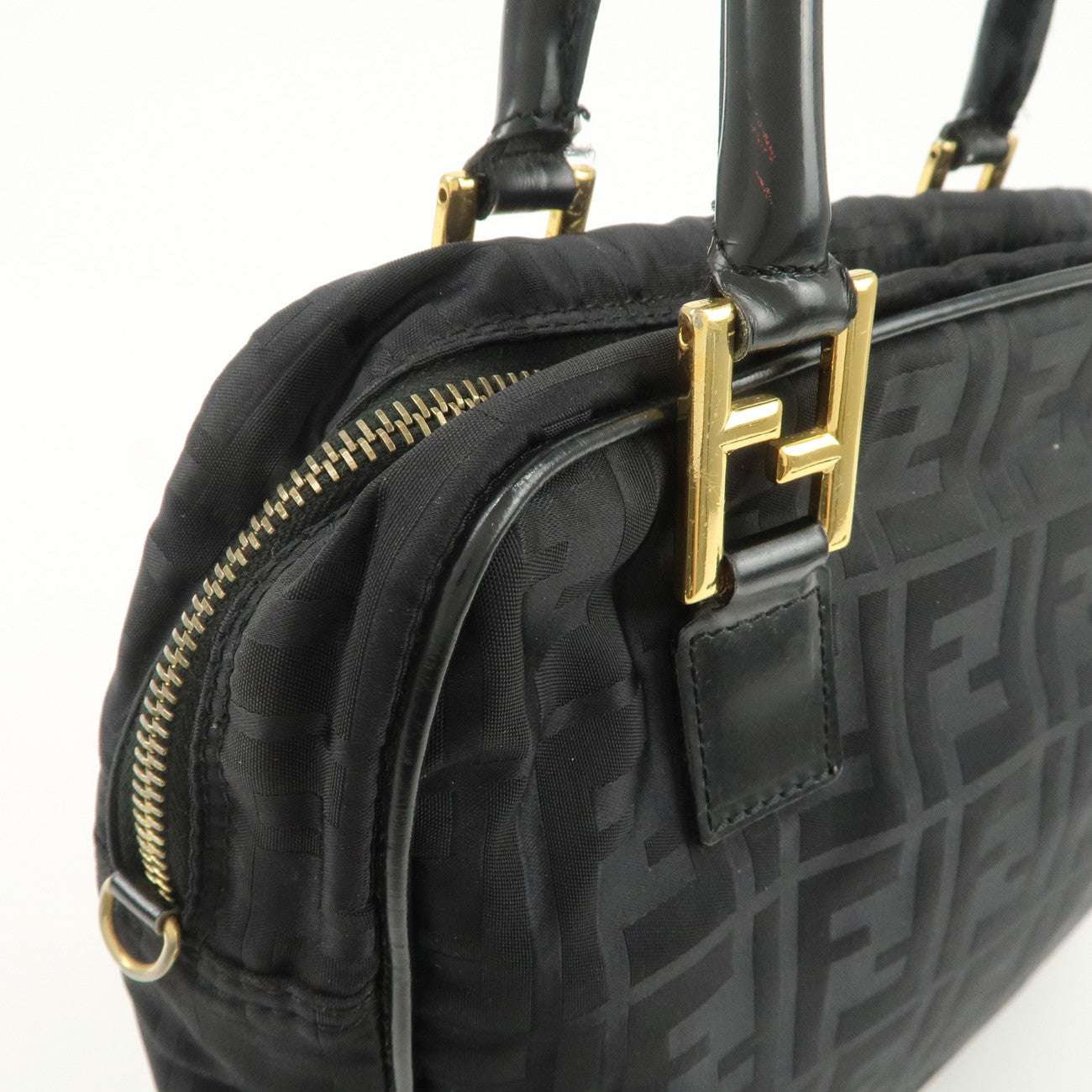 FENDI Zucca Nylon Hand Bag Shoulder Bag Black Gold