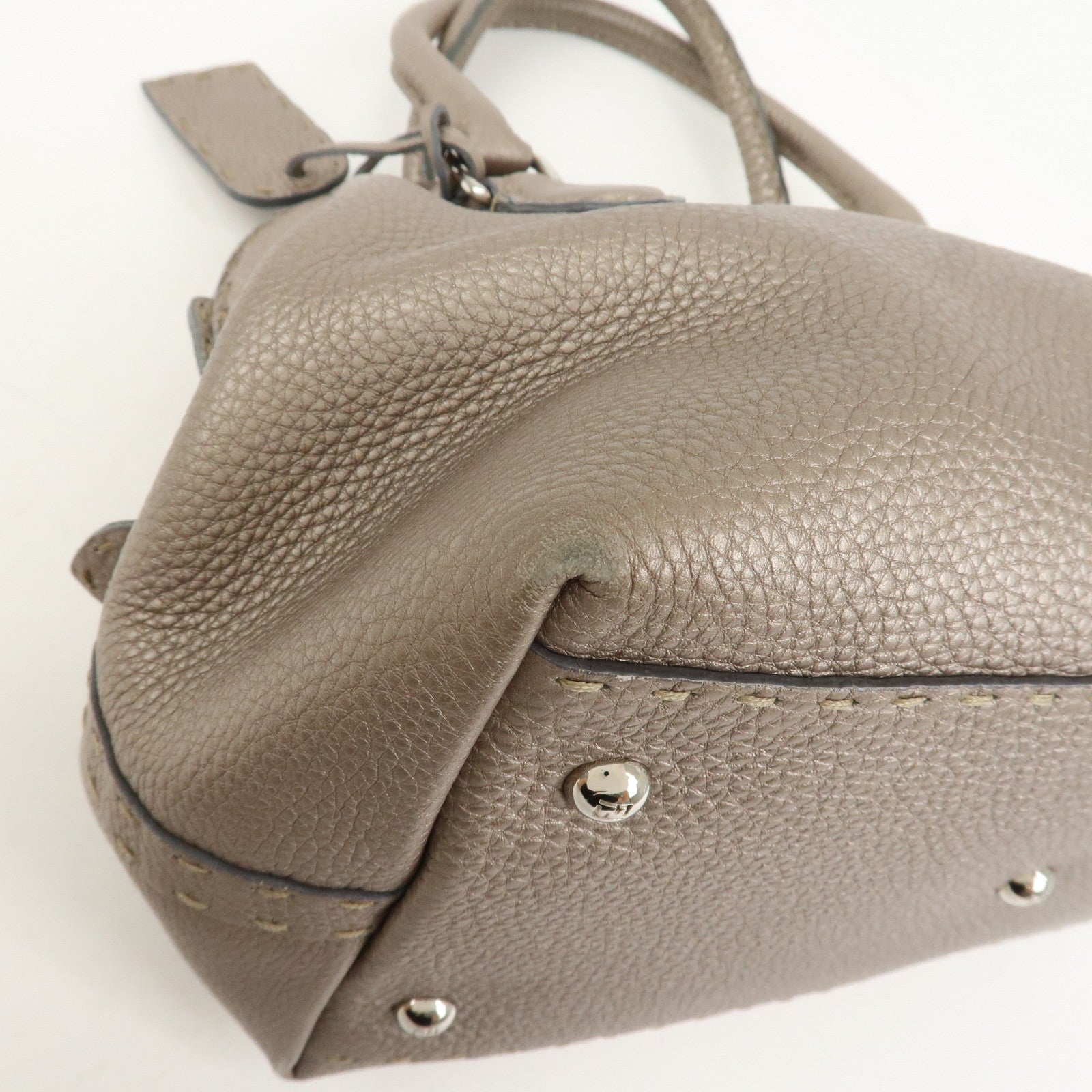 FENDI Selleria Logo Leather Boston Bag Hand Bag Greige 8BN127