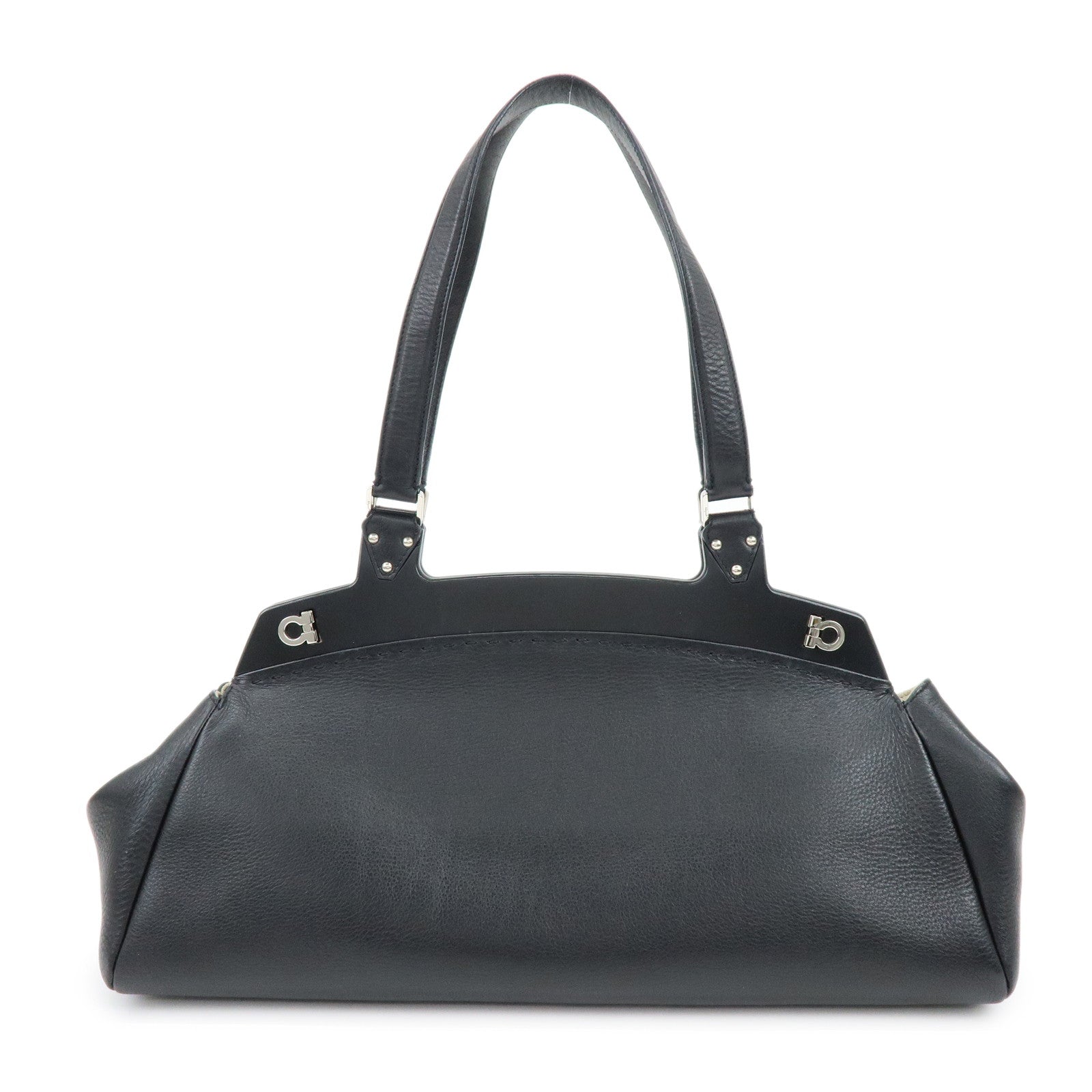 Ferragamo Gancini Leather Hand Bag Shoulder Bag Black