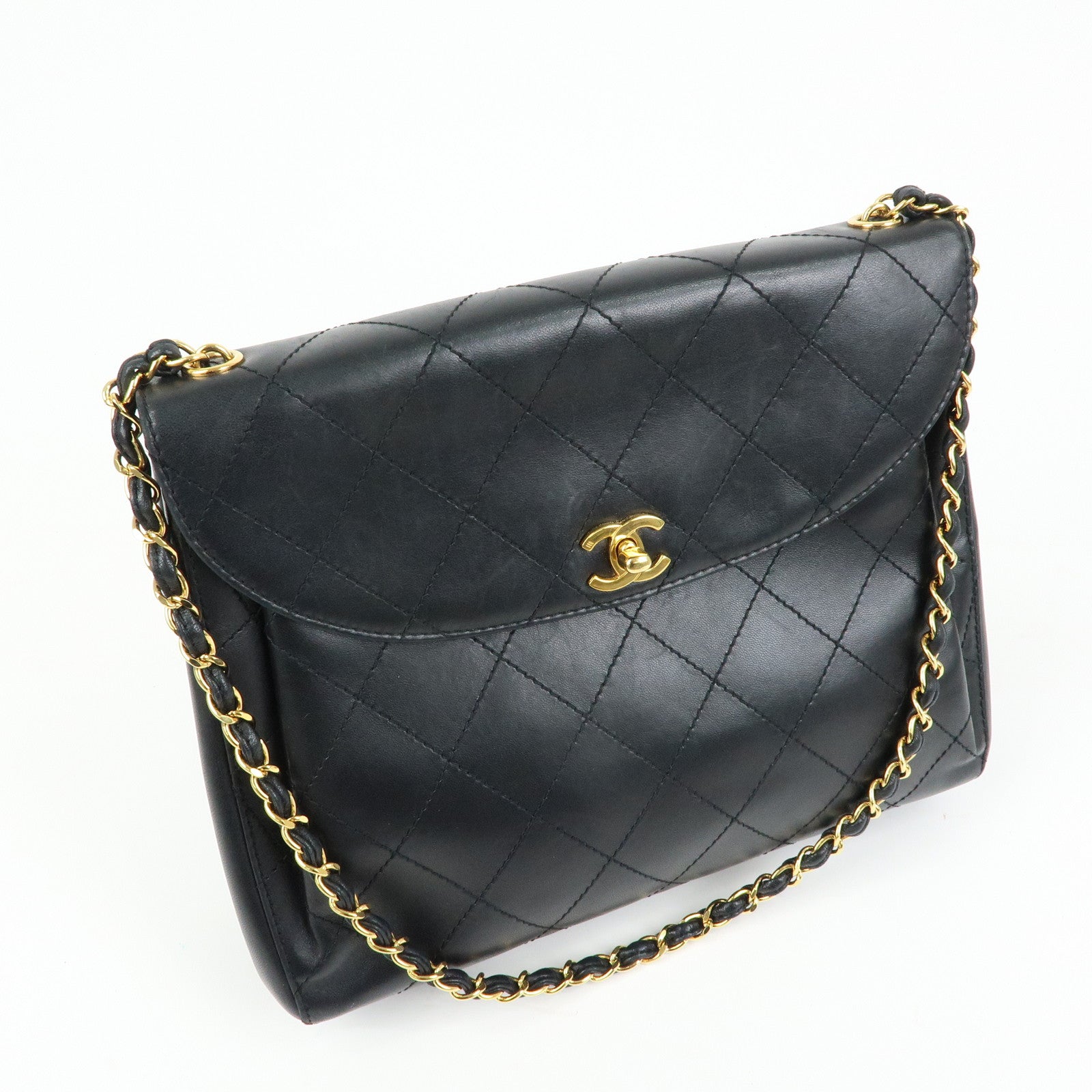 CHANEL Matelasse Lamb Skin Chain Shoulder Bag Black Gold
