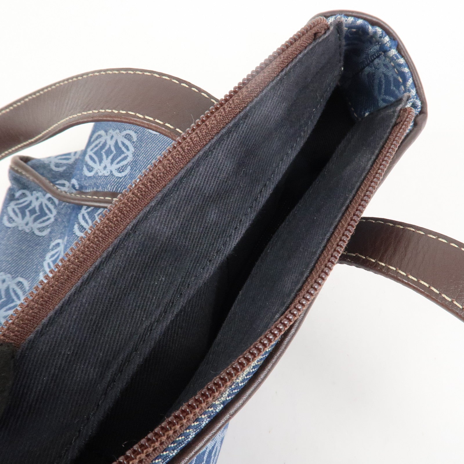 LOEWE Repeat Anagram Canvas Leather Tote Bag Hand Bag Blue Brown