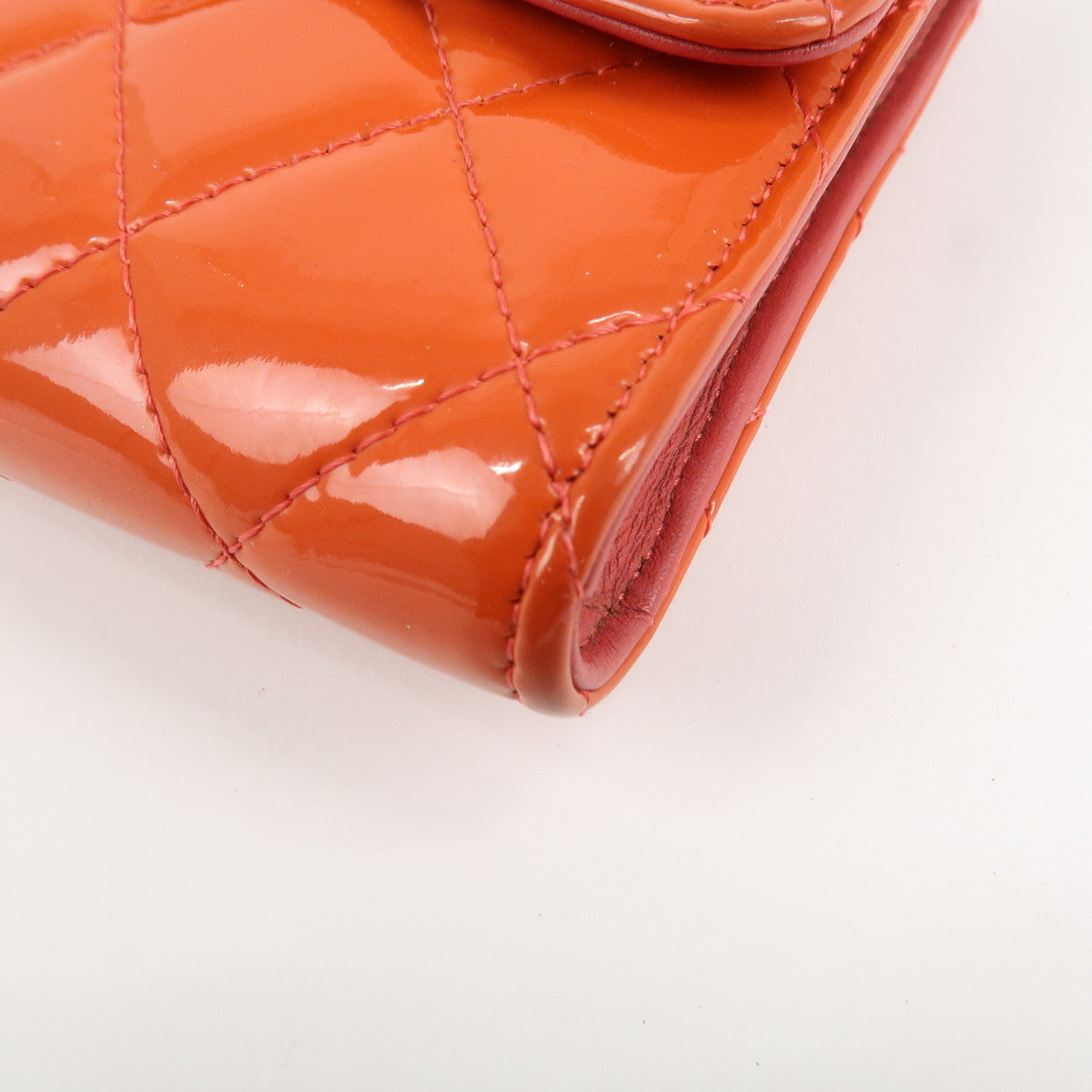 CHANEL Matelasse Patent Leather Long Wallet Card Case Pouch Orange Used