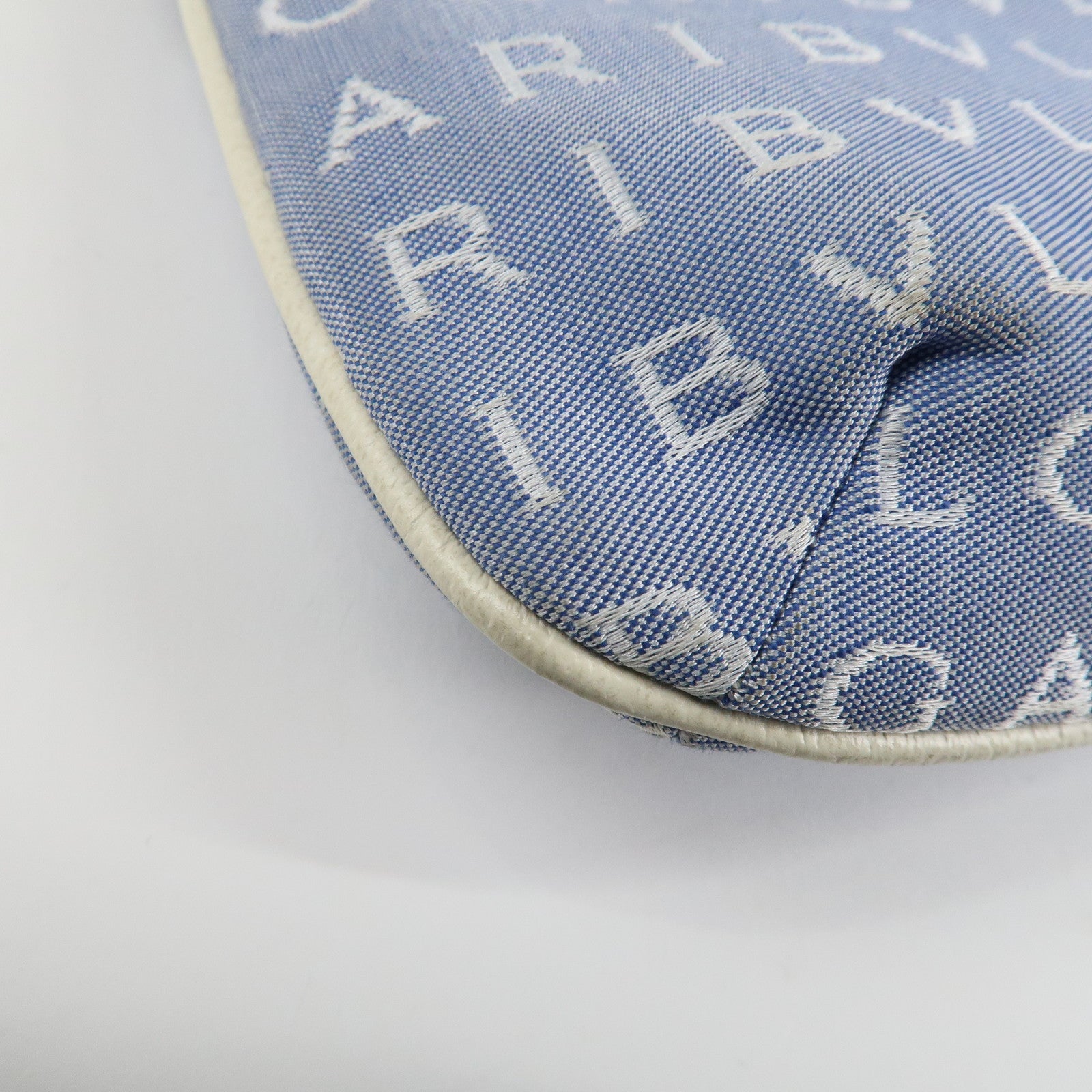 BVLGARI Logo Mania Leather Canvas Shoulder Bag Ivory Light Blue Used