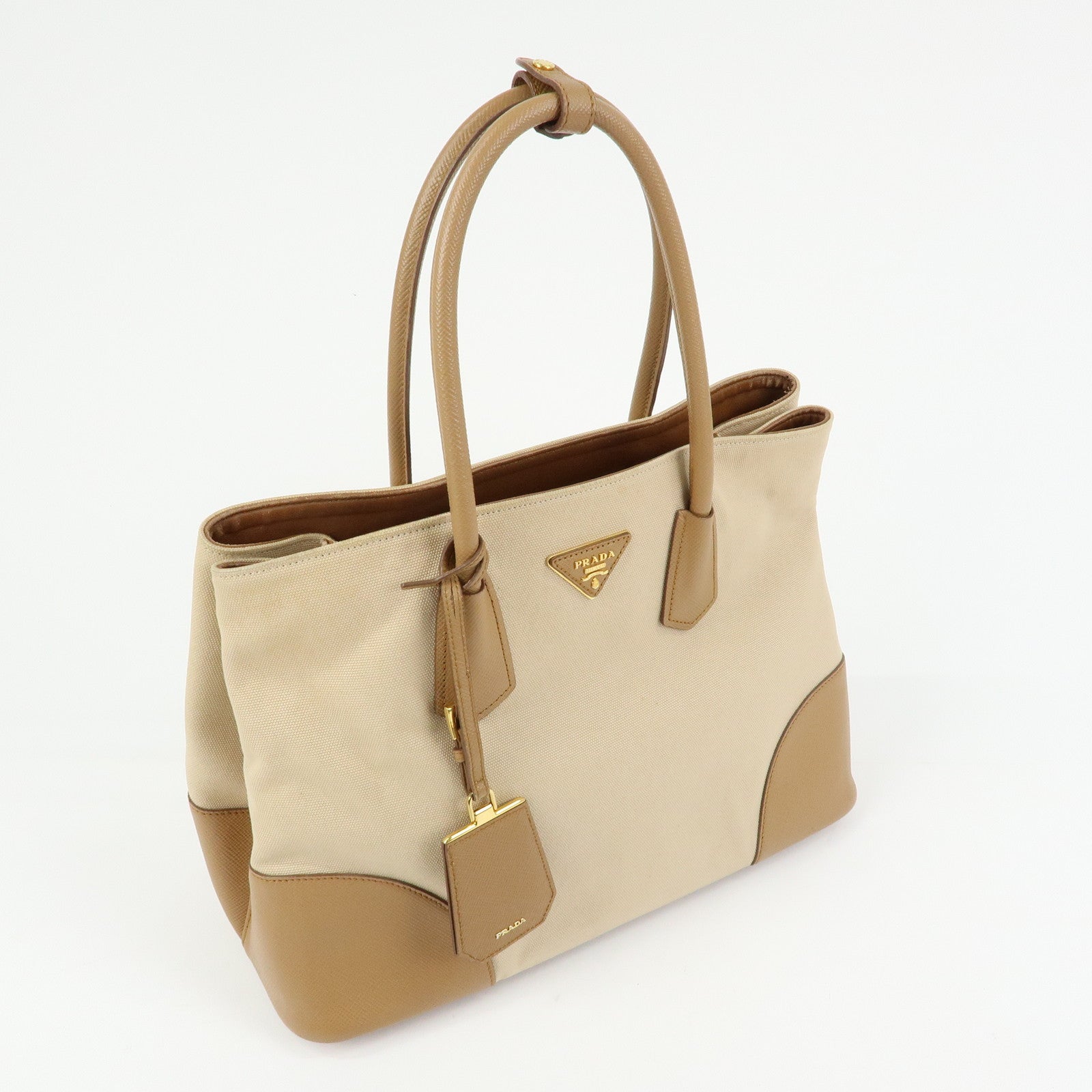 PRADA Triangle Logo Canvas Leather Tote Bag Beige Brown B2756T