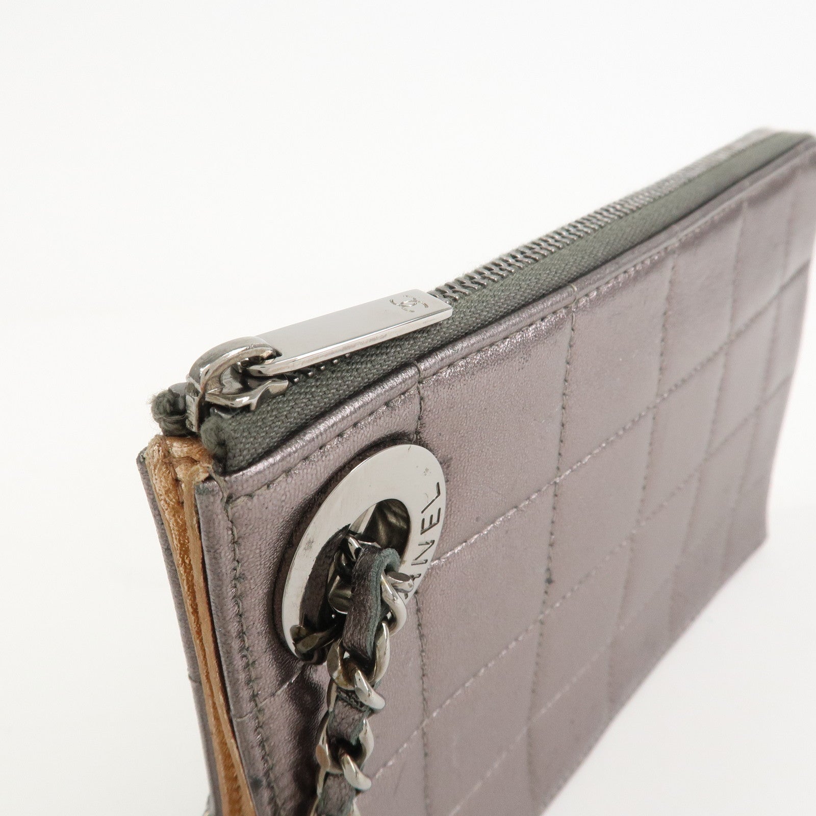 CHANEL Chocolate Bar Leather Clutch Bag Hand Bag Silver