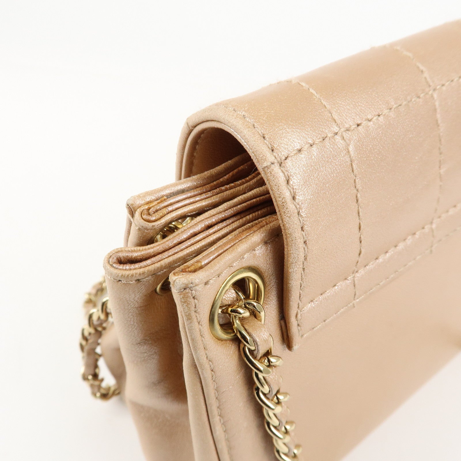 CHANEL Chocolate Bar Leather Chain Shoulder Bag Pink Gold Used