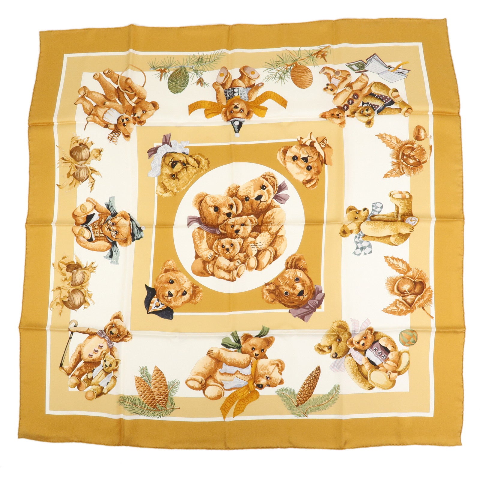 HERMES Carre 90 Silk 100% Scarf Confidents des Coeurs Brown White
