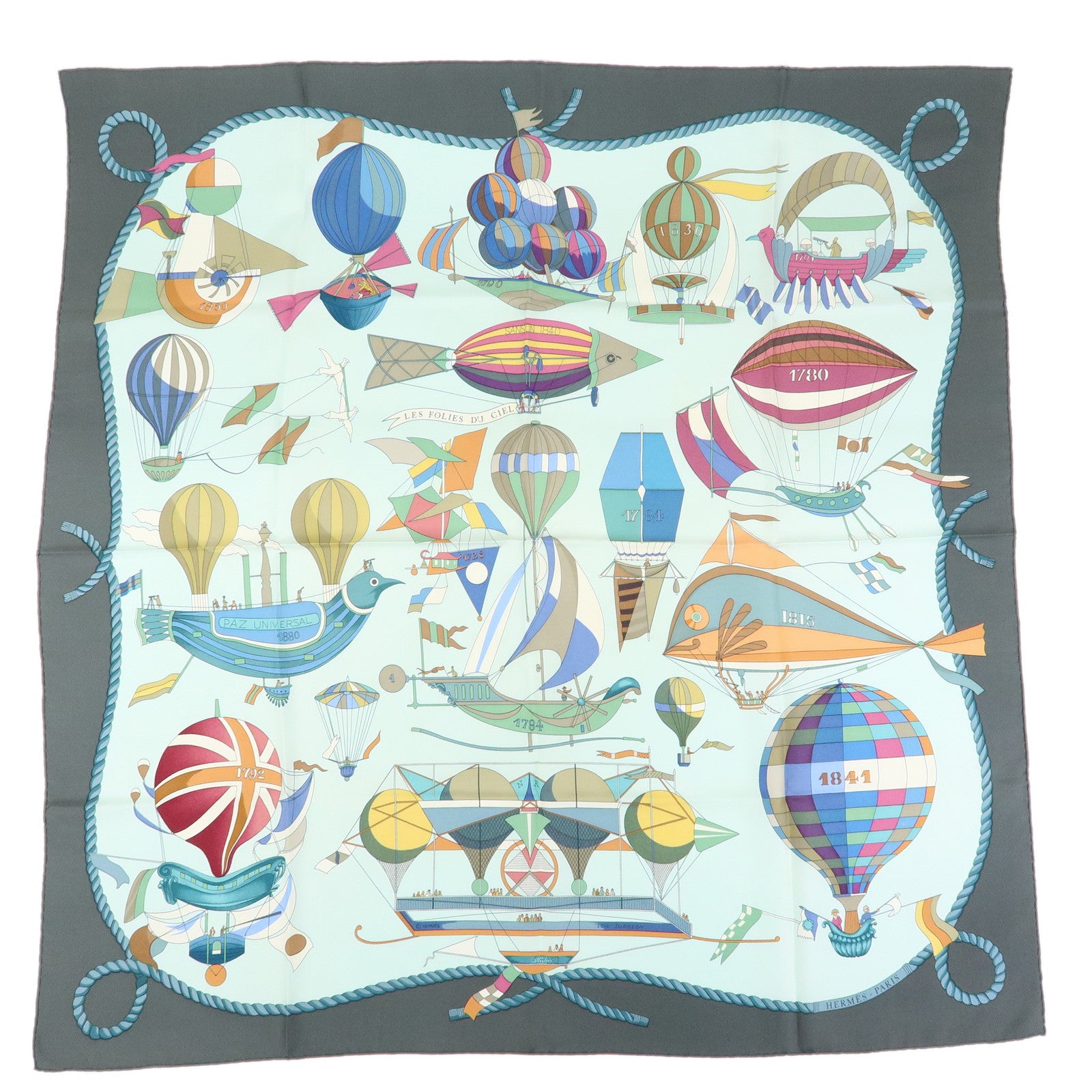 HERMES Carre 90 Silk 100% Scarf LES FOLIES DU CIEL Light Green Gray