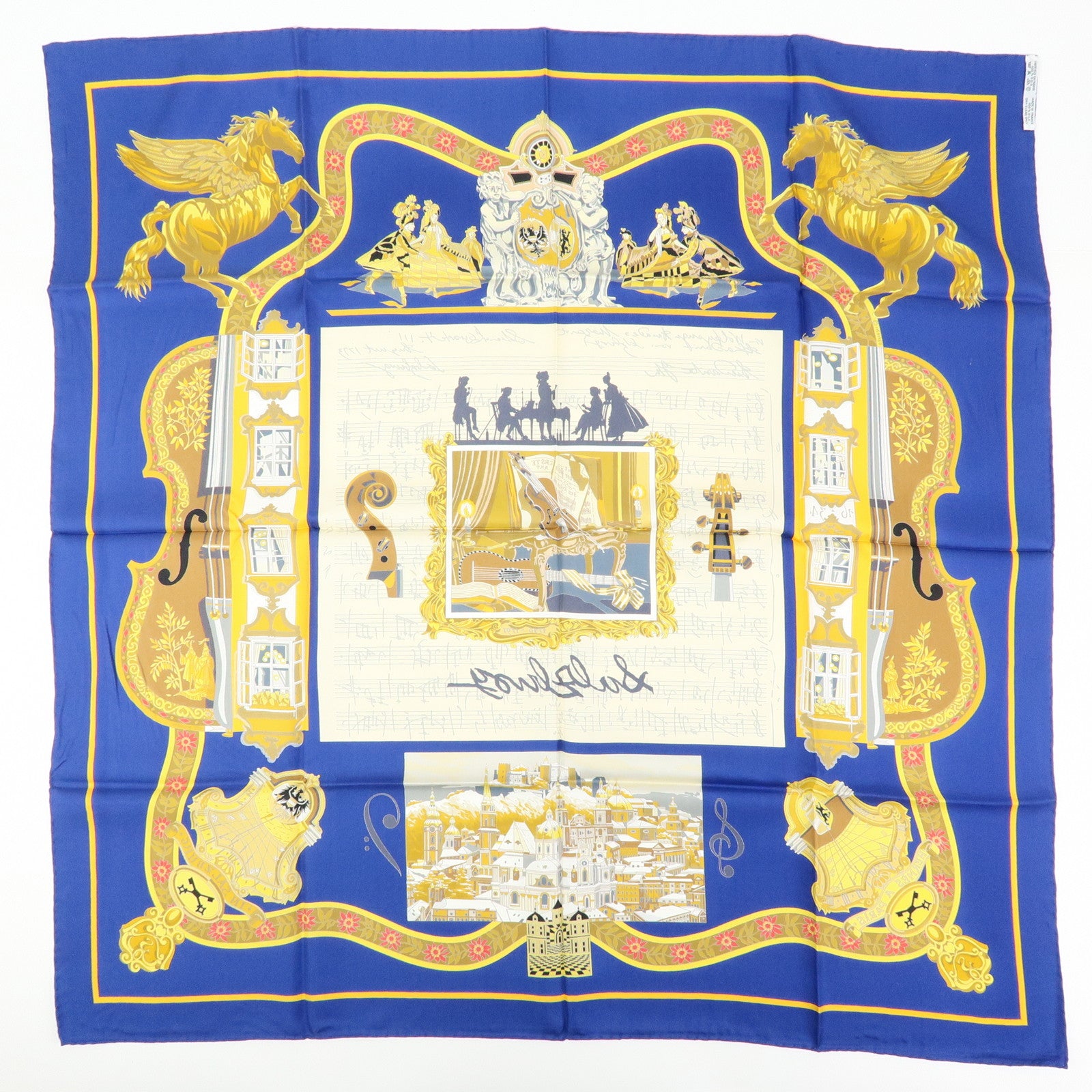 HERMES Carre 90 Silk 100% Scarf IN SALZBURG Blue Gold