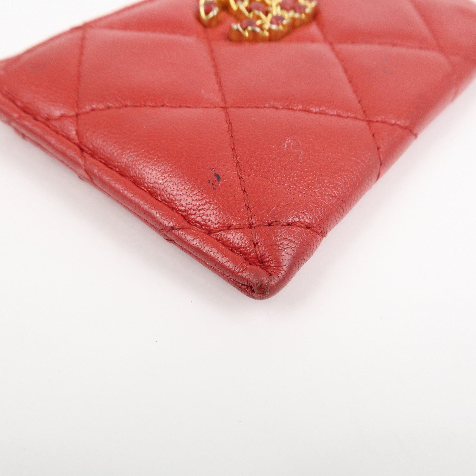 CHANEL COCO Mark Matelasse Lamb Skin Card Case Red