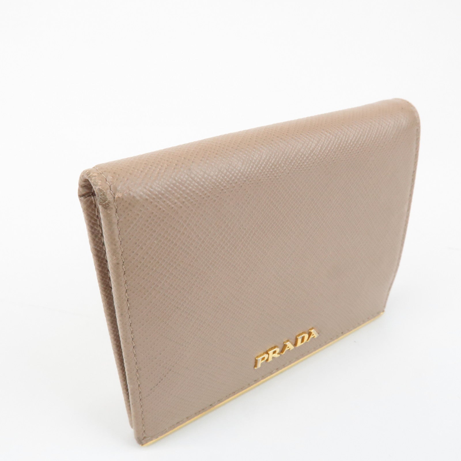 PRADA Logo Saffiano Leather Bi-Fold Small Wallet Beige 1MV204 Used