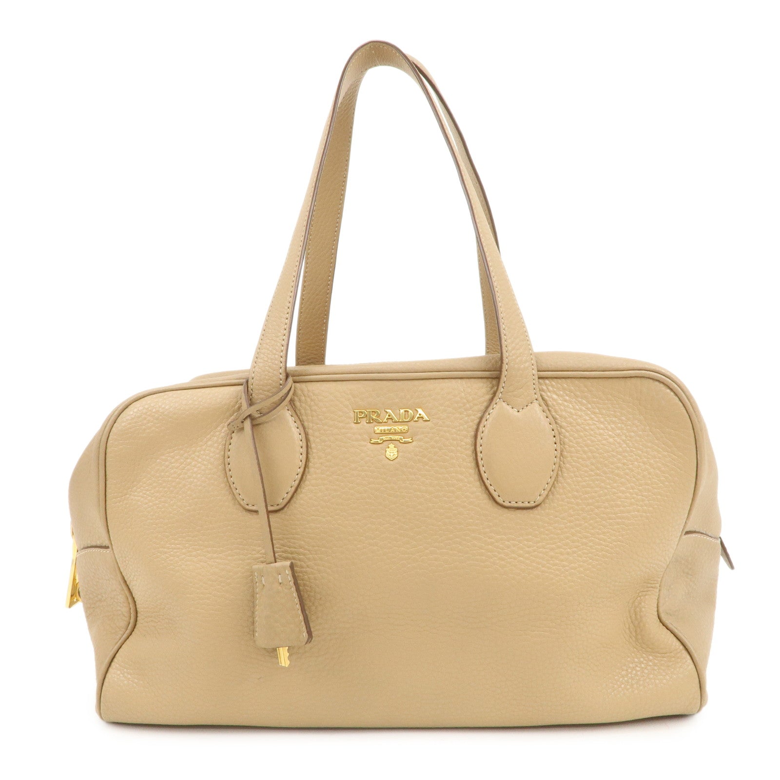 PRADA Leather Boston Bag Hand Bag Beige Gold BL8062