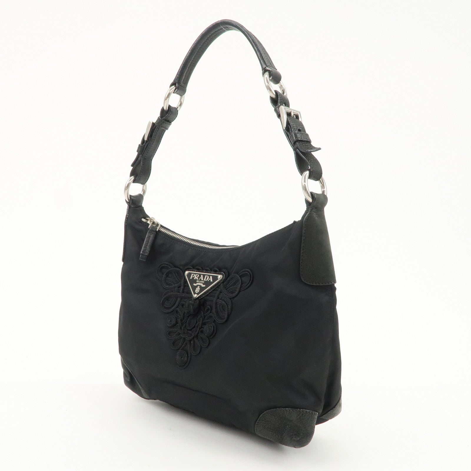 PRADA Triangle Logo Leather Nylon Shoulder Bag Hand Bag Black Used