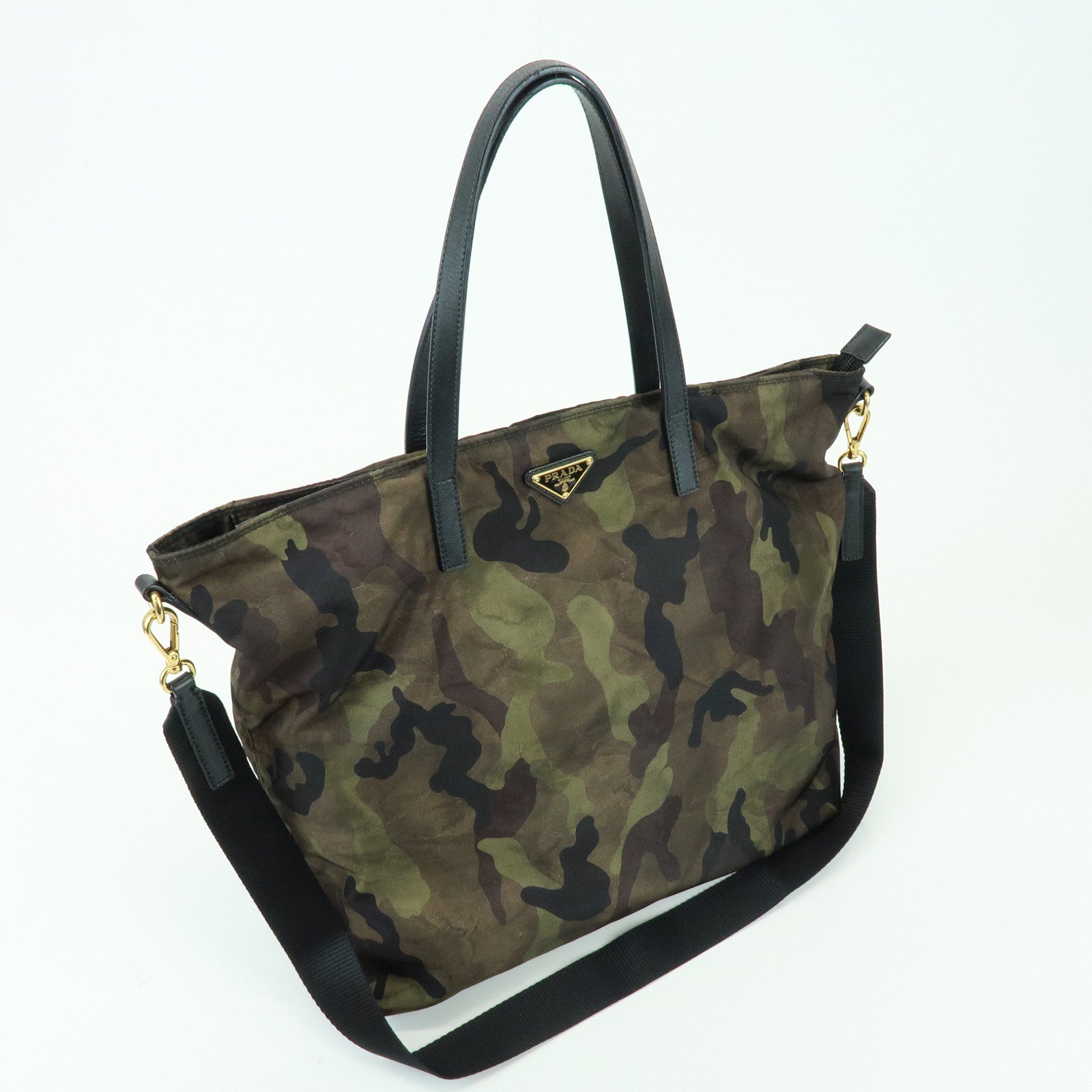 PRADA Triangle Logo Nylon Saffiano Leather 2Way Hand Shoulder Bag Khaki