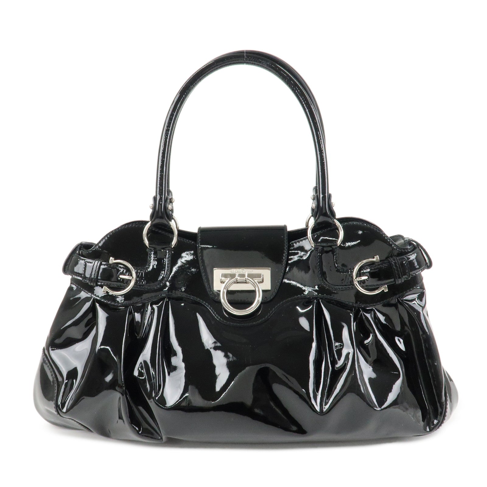 Ferragamo Gancini Patent Leather Shoulder Bag Black Silver HDW Used