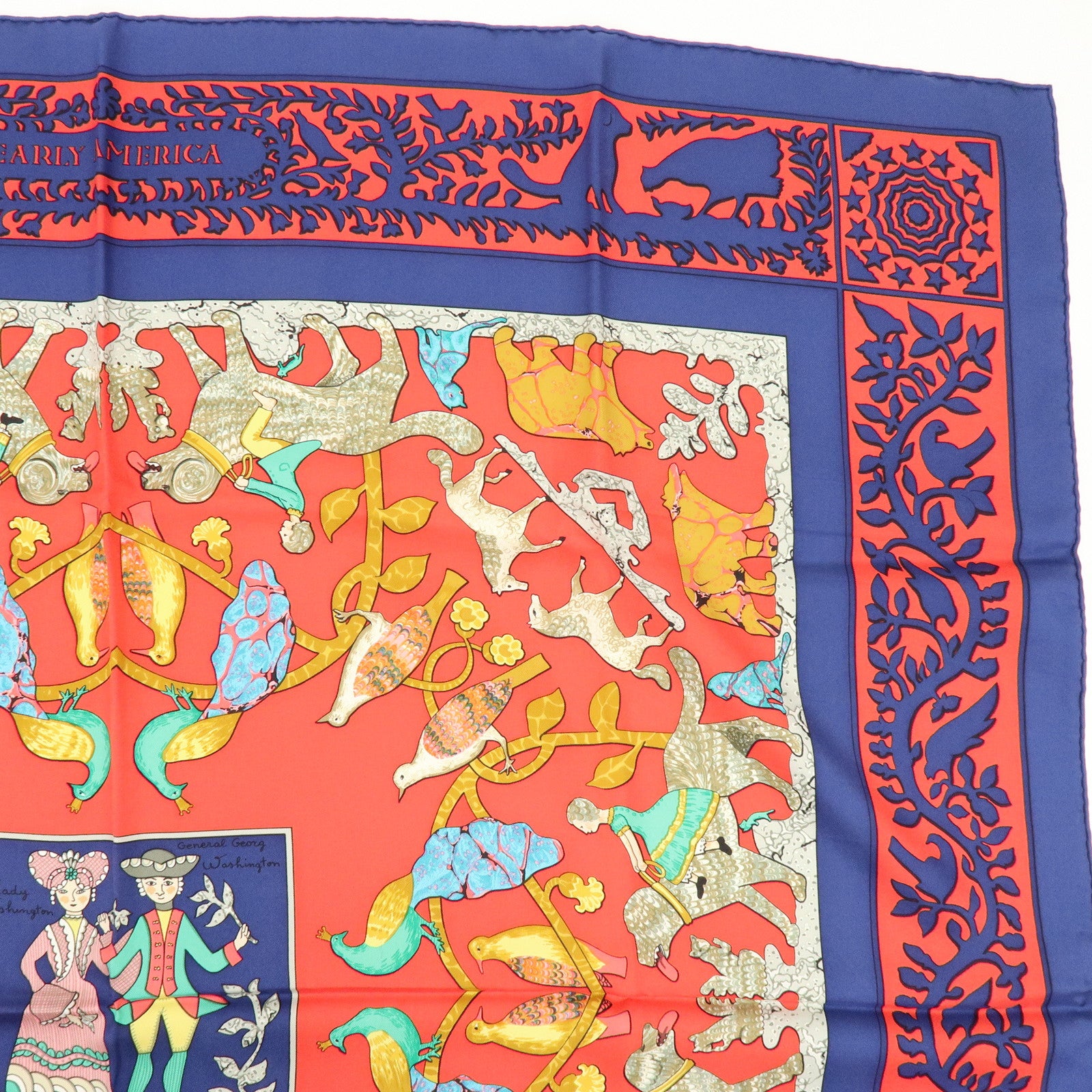 HERMES Carre 90 Silk 100% Scarf EARLY AMERICA Navy Red Brown