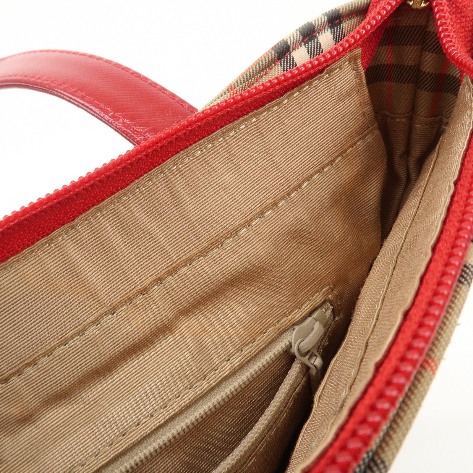 BURBERRY Leather Canvas Tote Bag Hand Bag Nova Plaid Red Beige Used