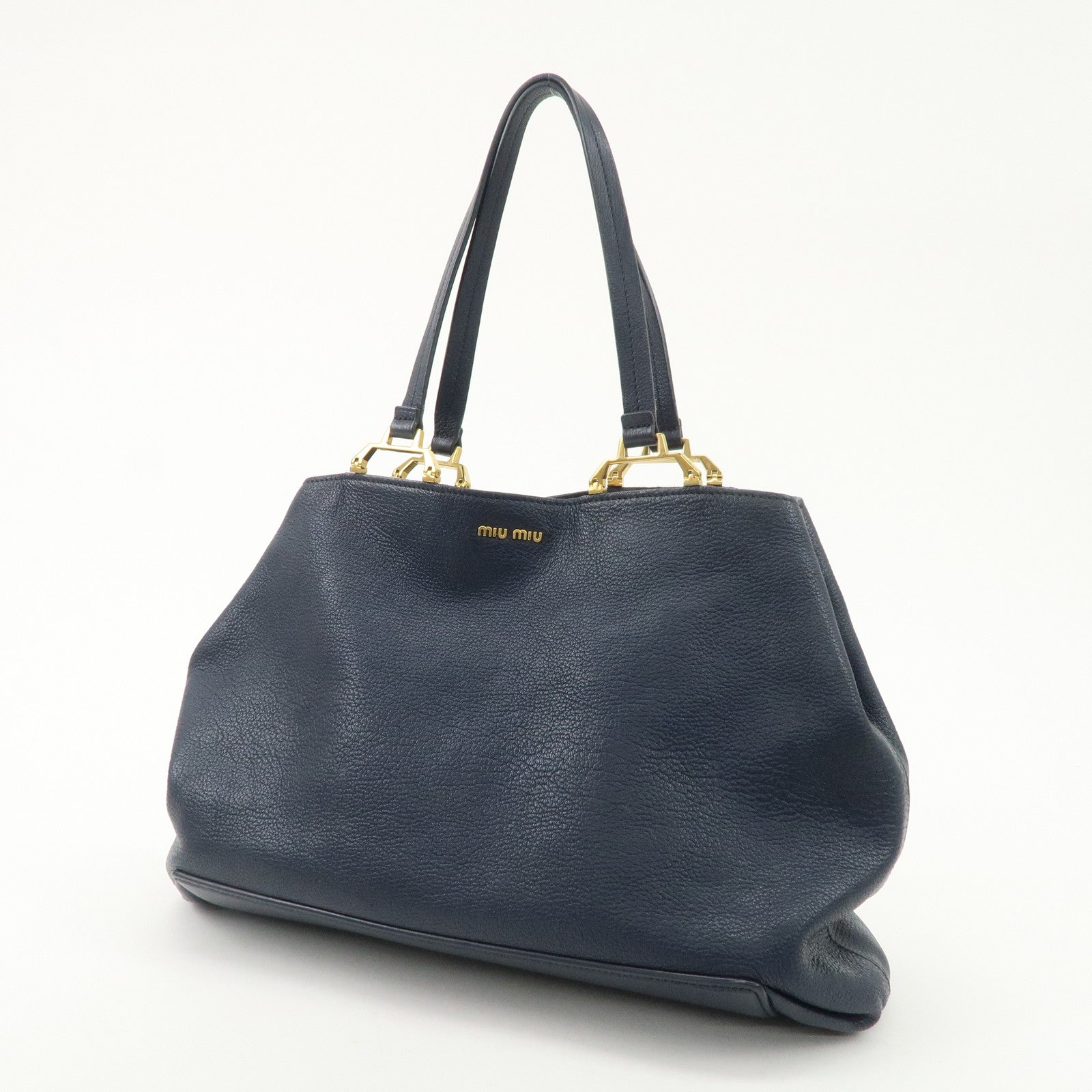 MIUMIU Logo Madras Leather Hand Bag Tote Bag Navy Gold Hardware Used
