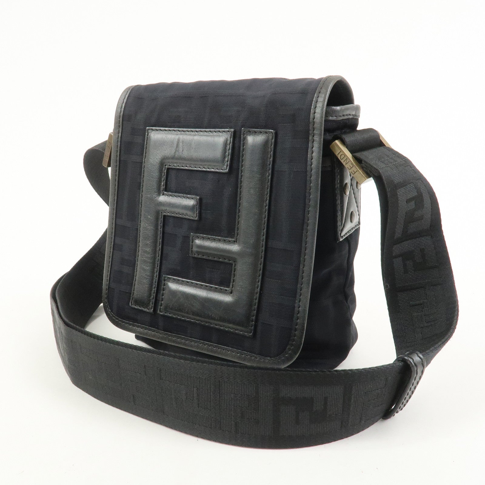 FENDI Zucca Canvas Leather Shoulder Bag Crossbody Bag Black7VA155