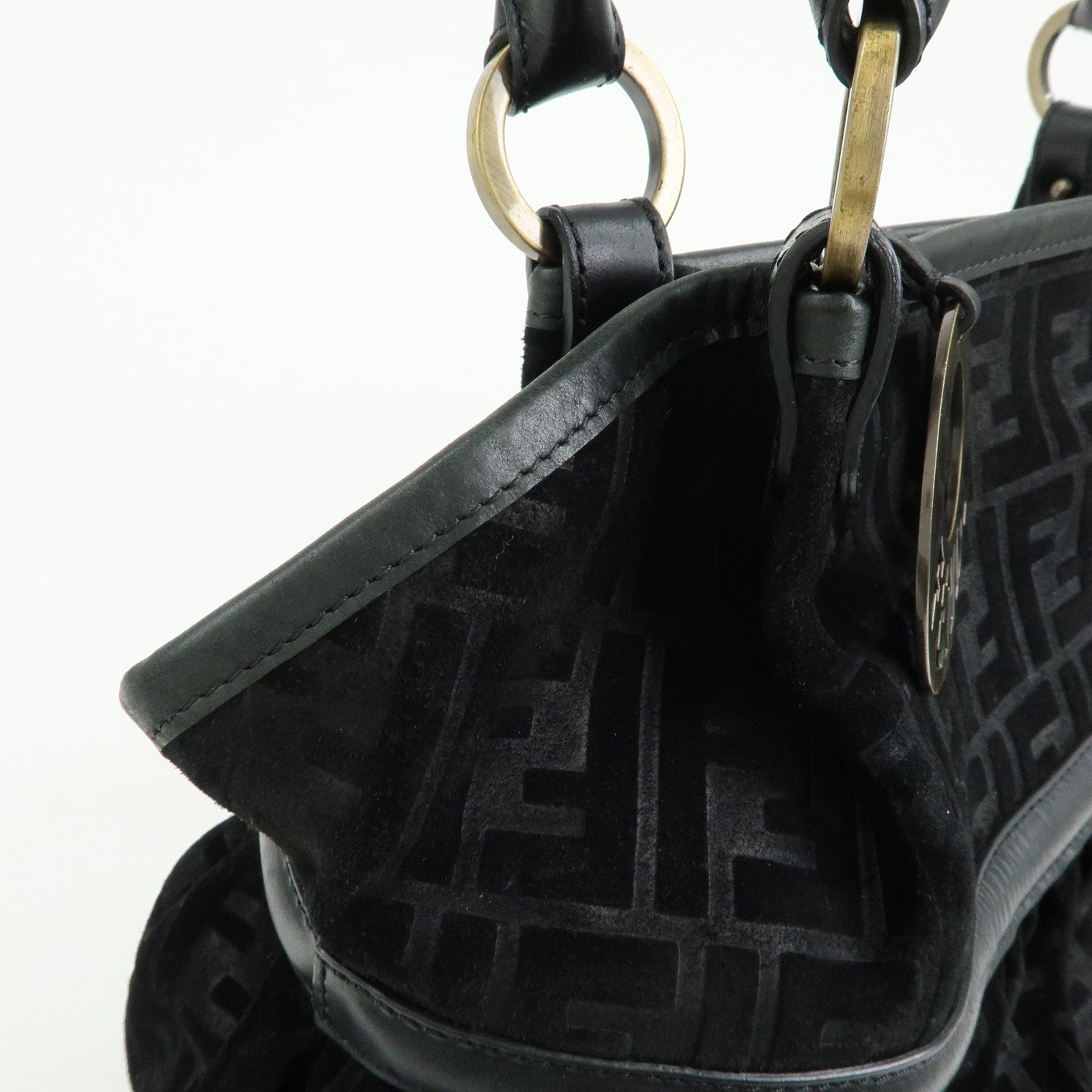 FENDI Zucca Suede Leather Gathered Shoulder Bag Black 8BH186