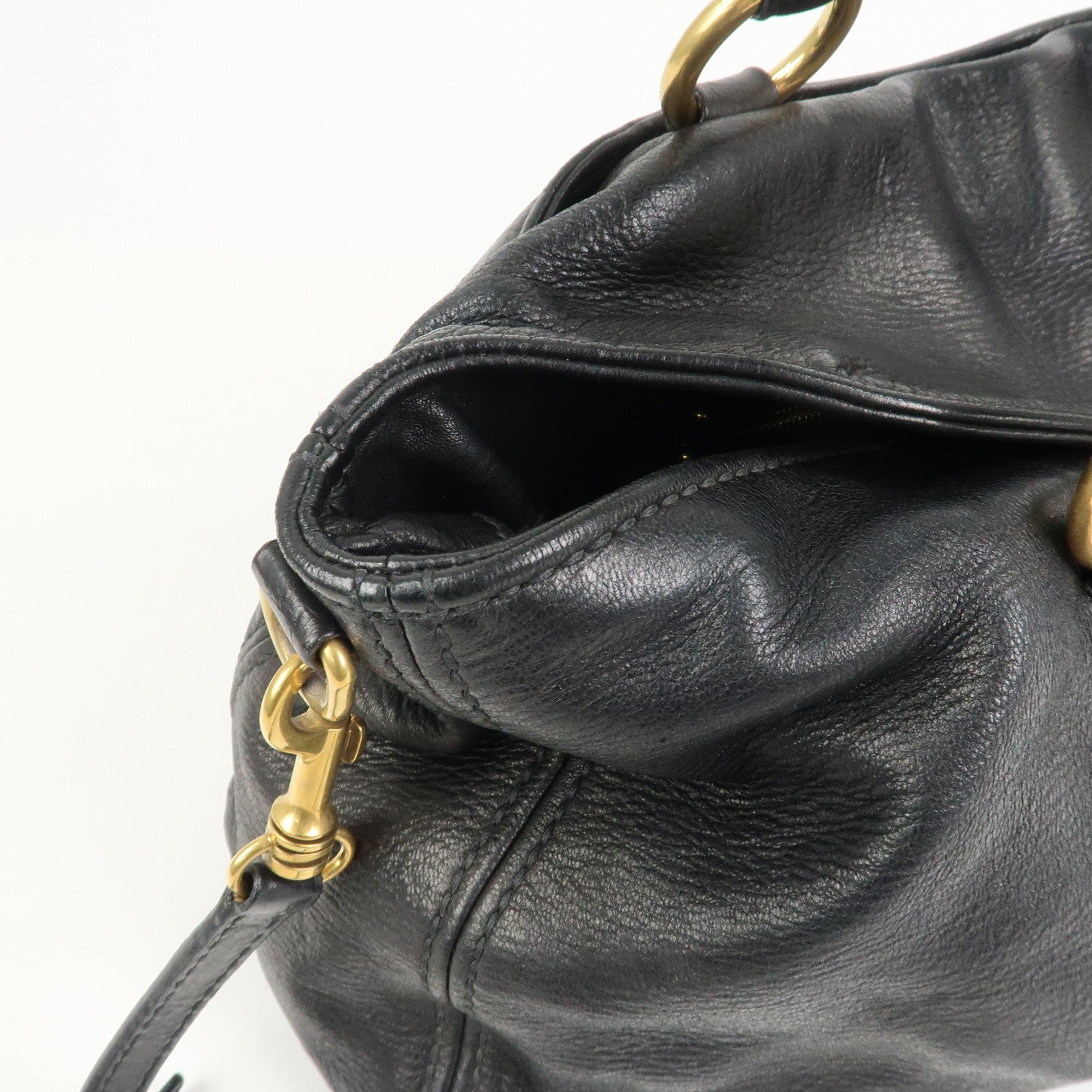 MIU MIU Leather 2 Way Bag Tote Shoulder Crossbody Bag Black Gold