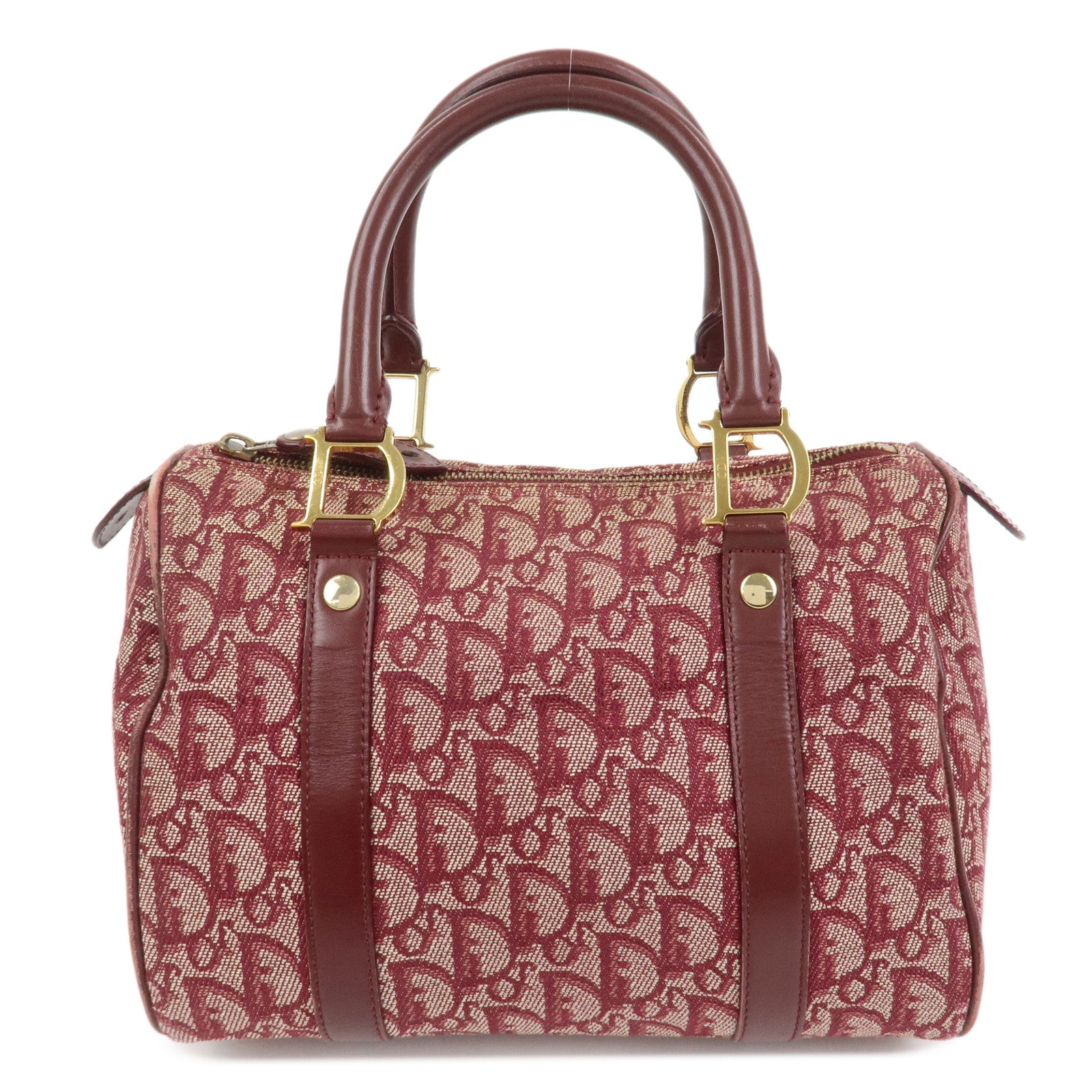 Christian Dior Trotter Jacguard Canvas Leather Boston Hand Bag Red