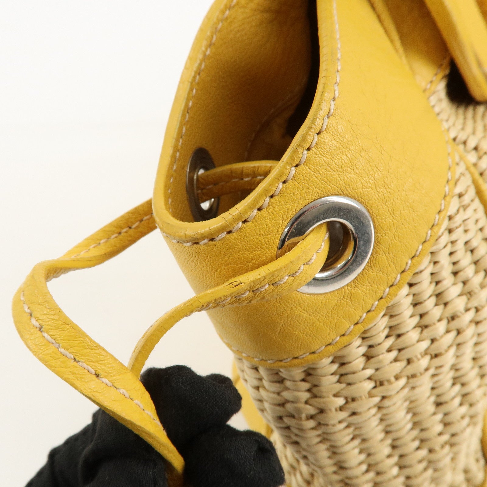 PRADA Triangle Logo Leather Raffia Tote Bag Beige Yellow Used