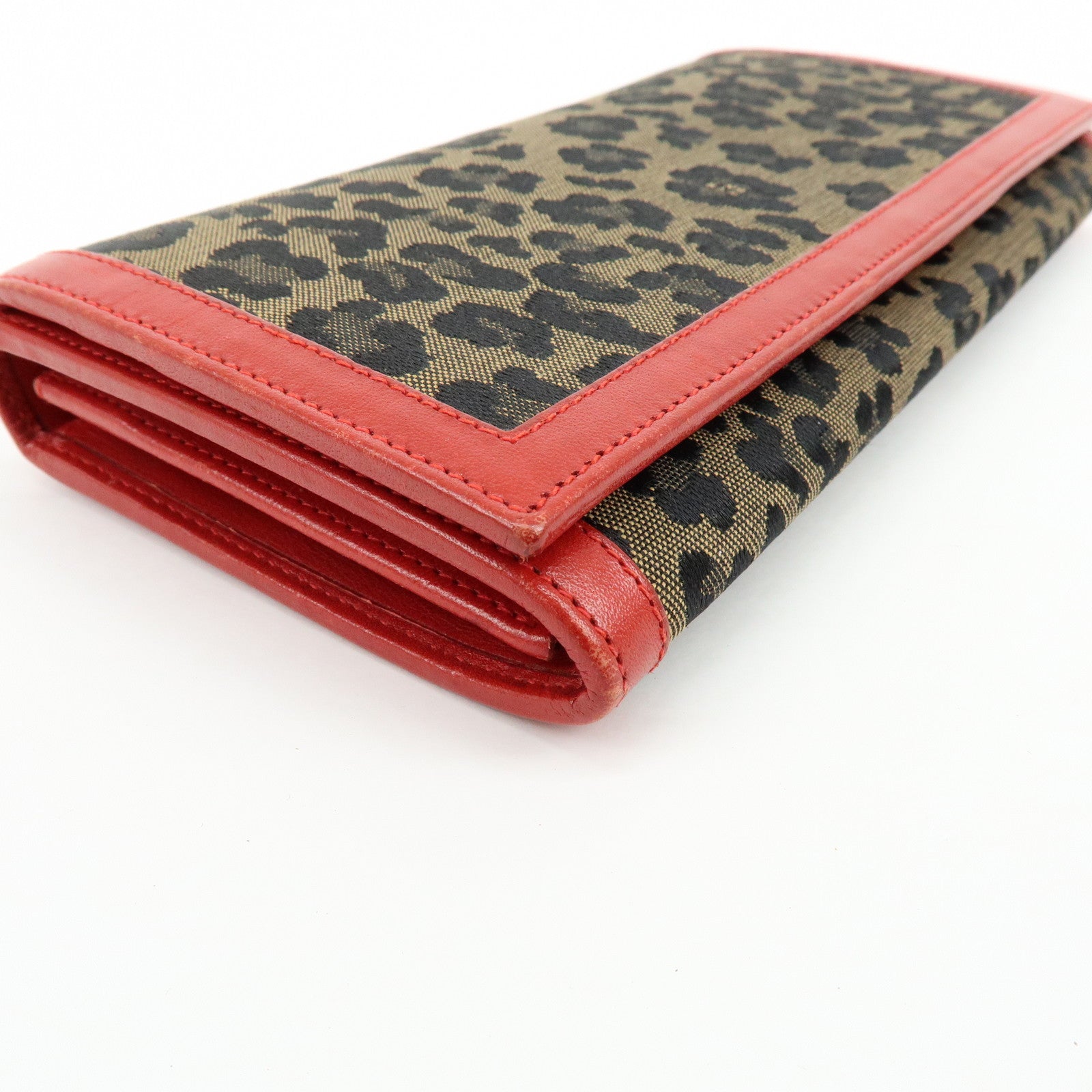FENDI Zucca Canvas Leather Long Wallet Leopard Brown Red 30851