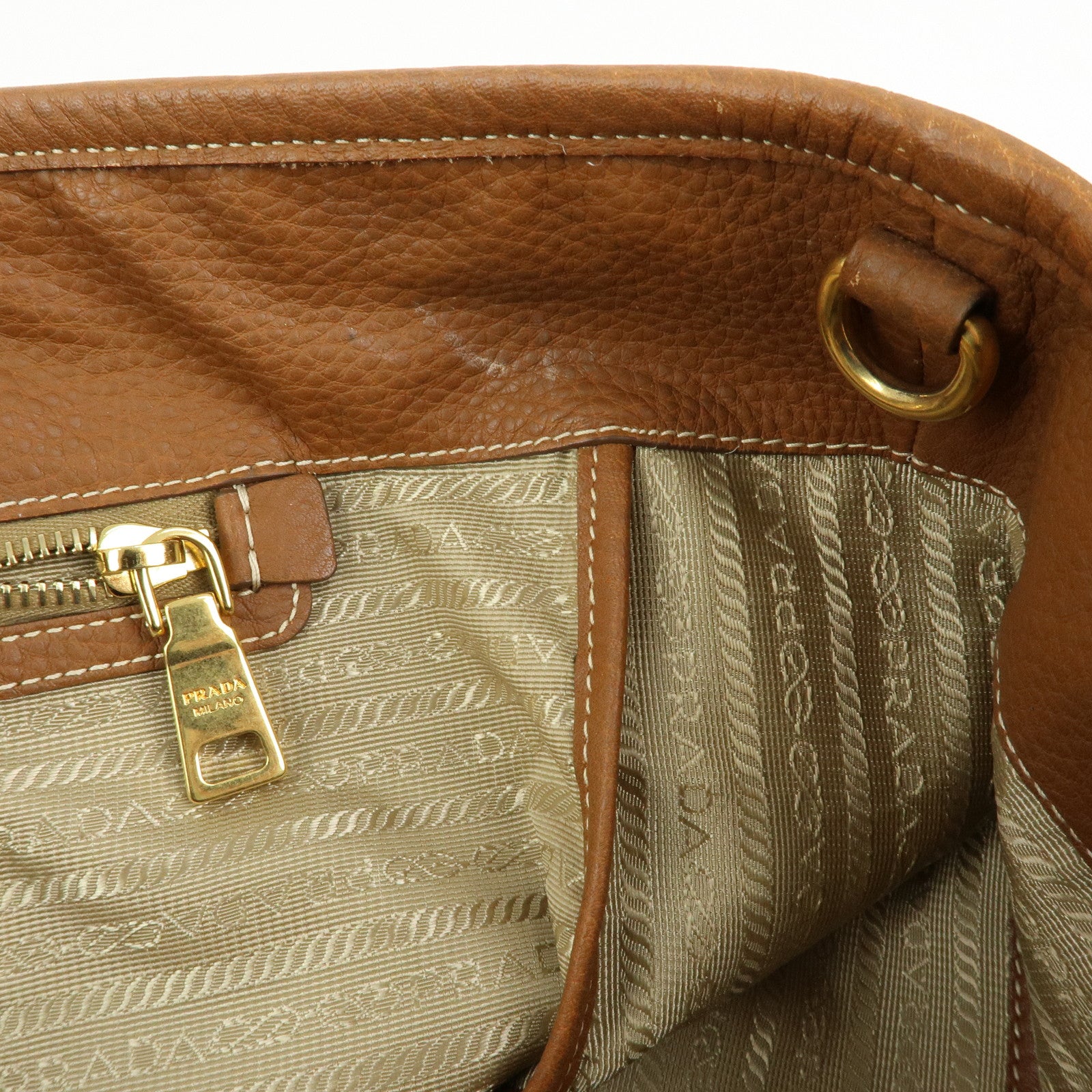 PRADA Triangle Logo Jacquard Leather 2Way Bag Hand Bag Brown