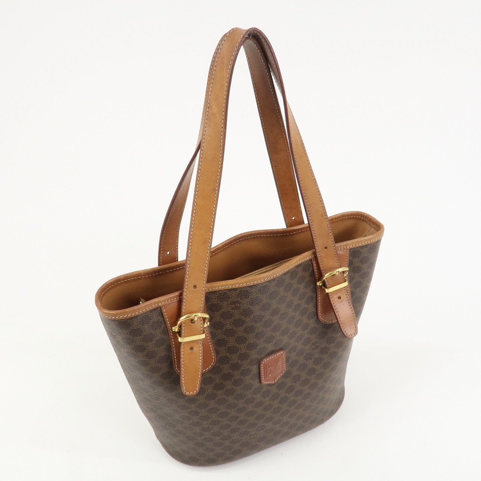 CELINE Macadam PVC Canvas Leather Tote Bag Hand Bag Brown
