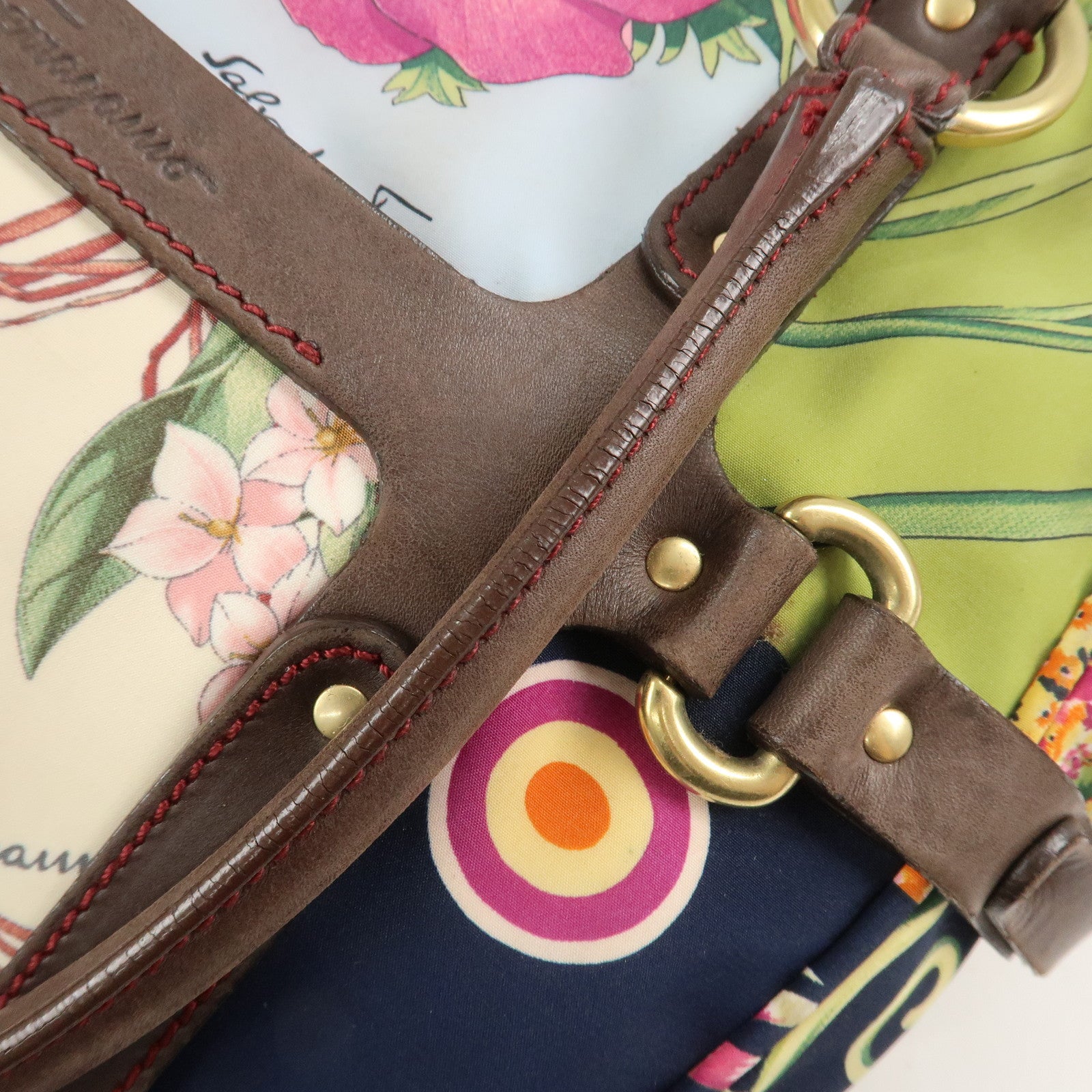 Ferragamo Gancini Leather Nylon Shoulder Bag Tote Bag Multicolor