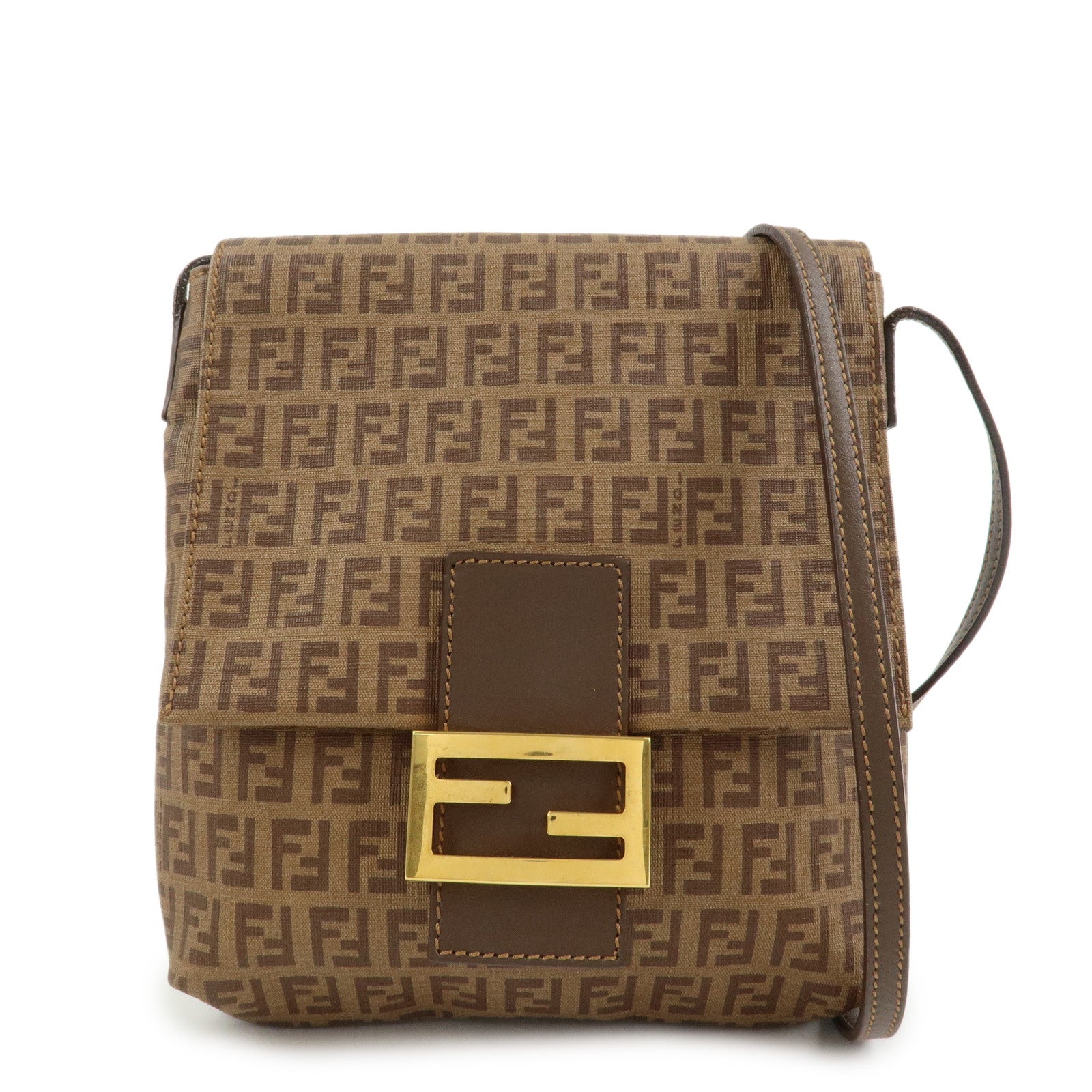 FENDI Zucchino Leather PVC Shoulder Bag Crossbody Bag Brown 8BT075