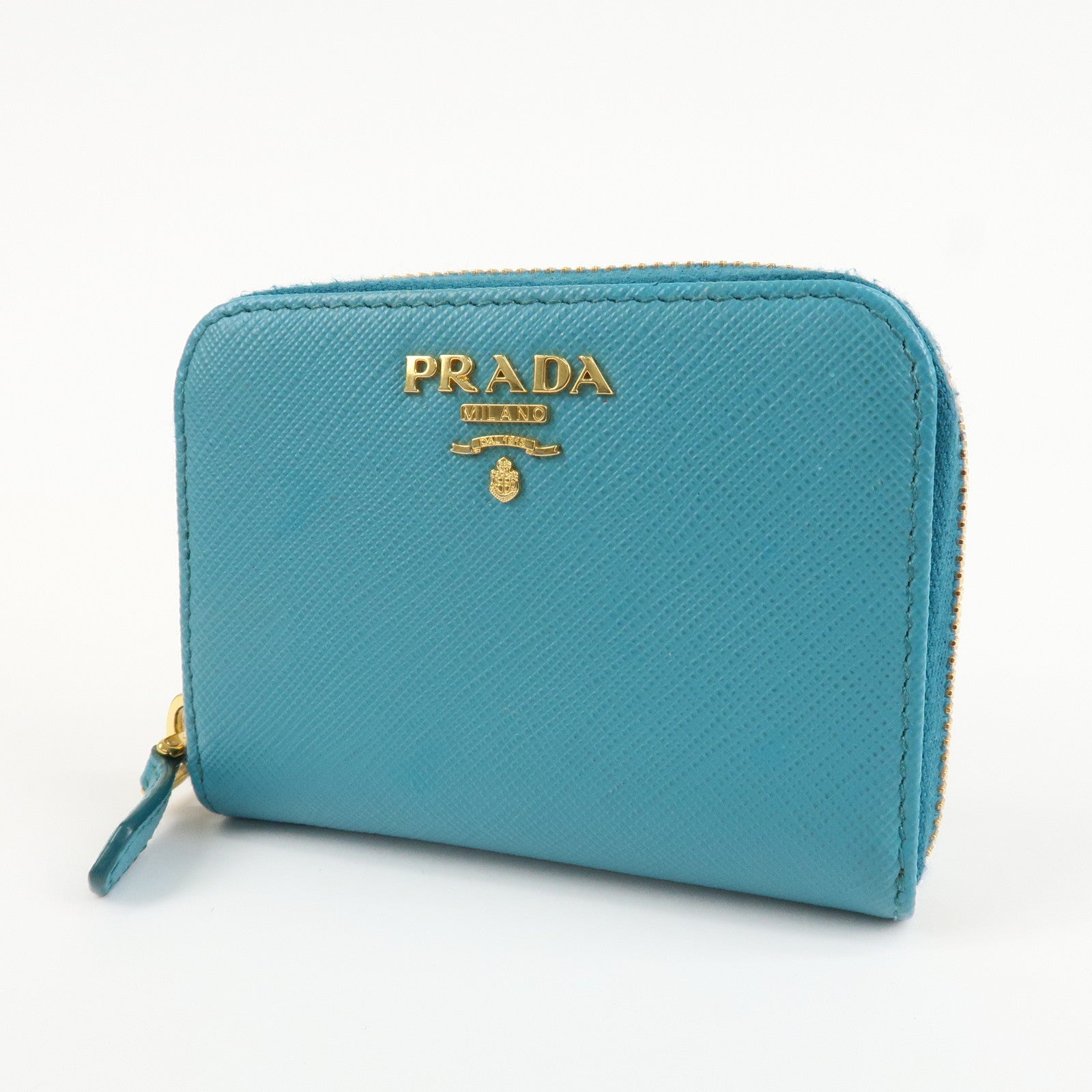 PRADA Logo Saffiano Leather Round Zippy Small Wallet Blue 1MM268 Used