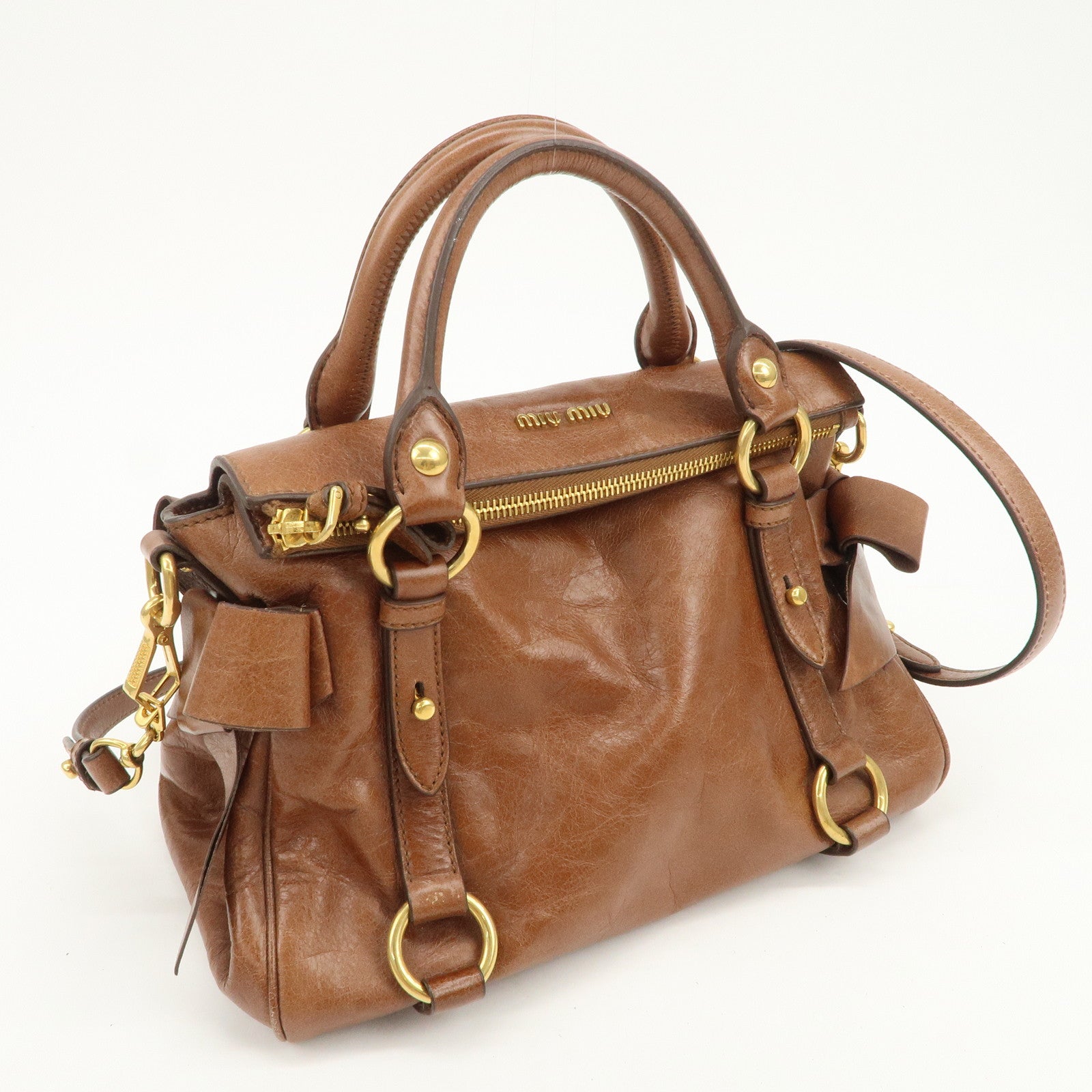 MIU MIU Logo Leather 2Way Bag Hand Bag Shoulder Bag Brown RT0438