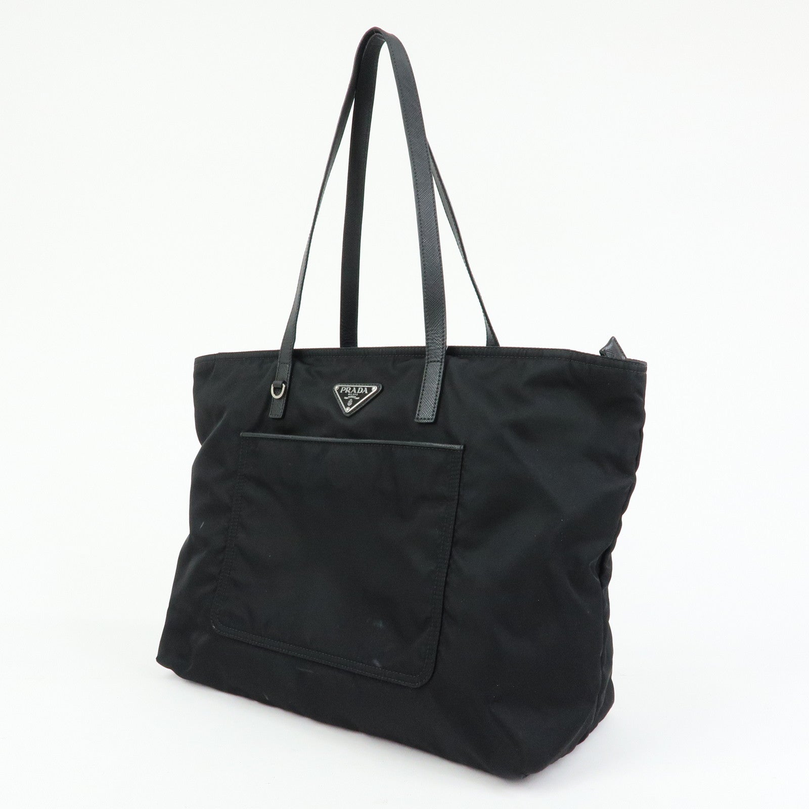 PRADA Triangle Logo Nylon Leather Tote Bag Shoulder Bag Black