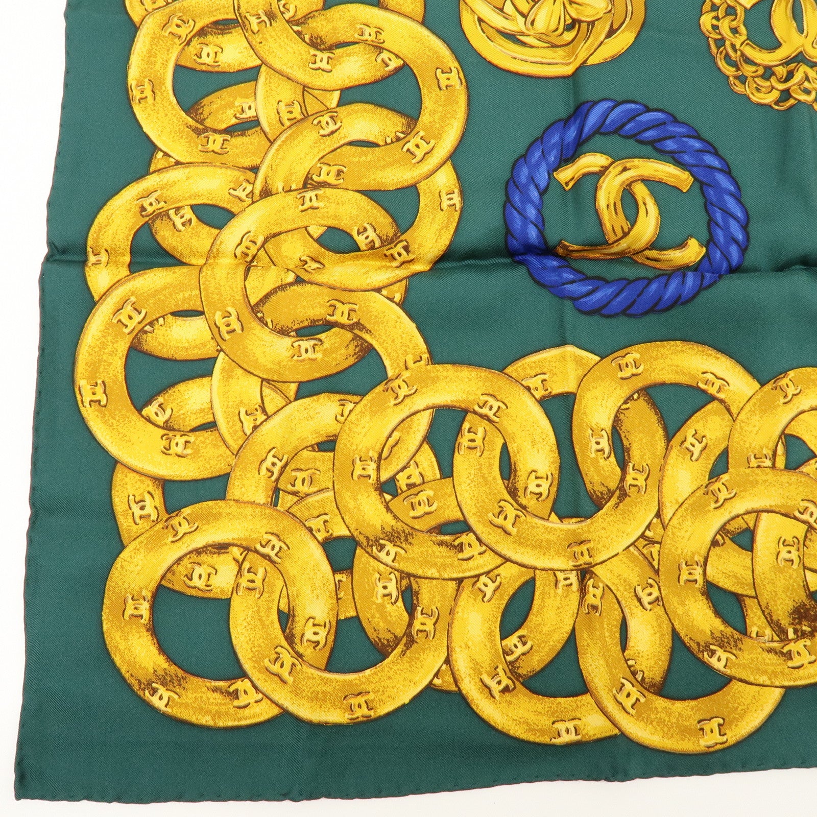 CHANEL Logo Silk 100% Medallion & Chain Print Scarf Moss Green Gold