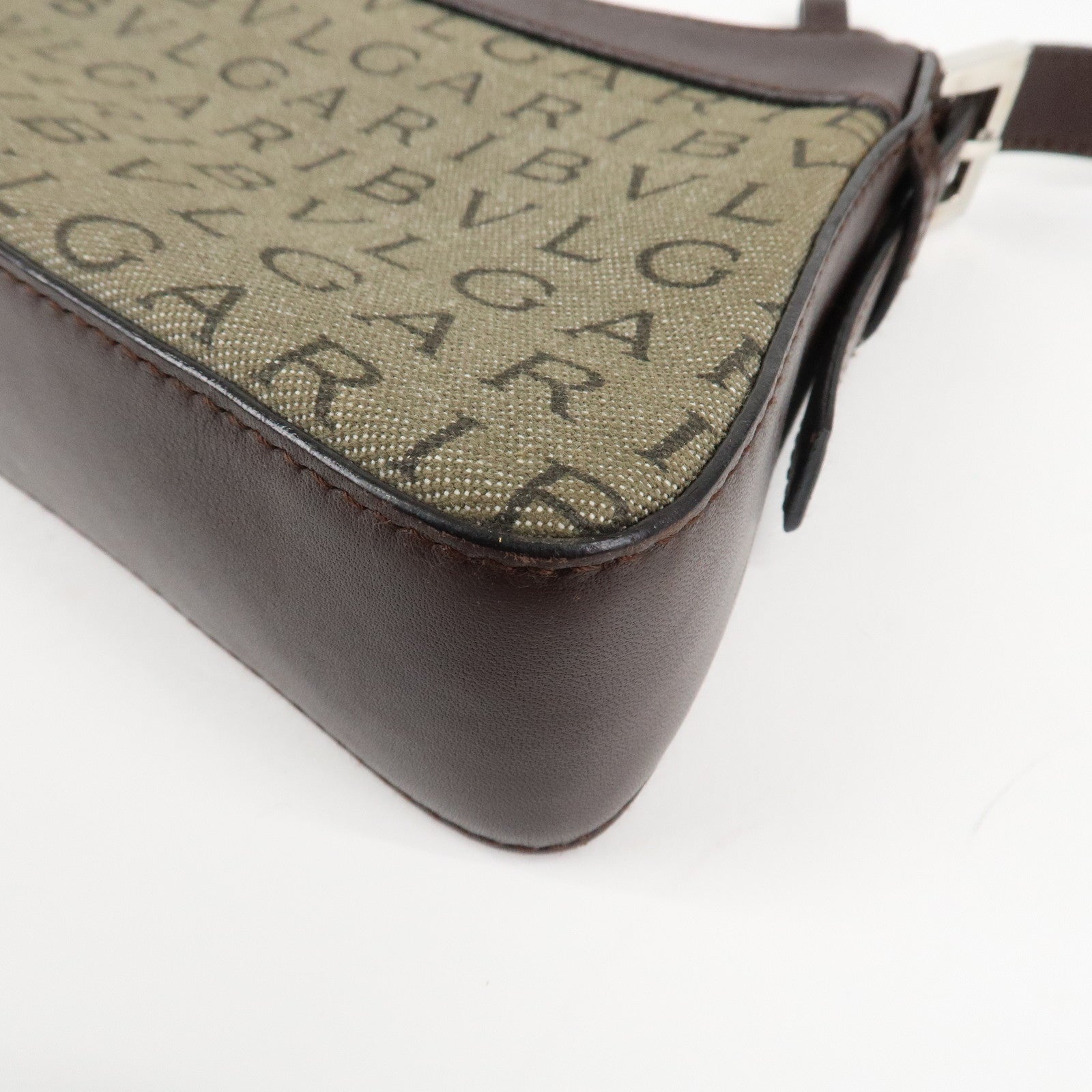 BVLGARI Logo Mania Canvas Leather Shoulder Bag khaki Dark Brown Used