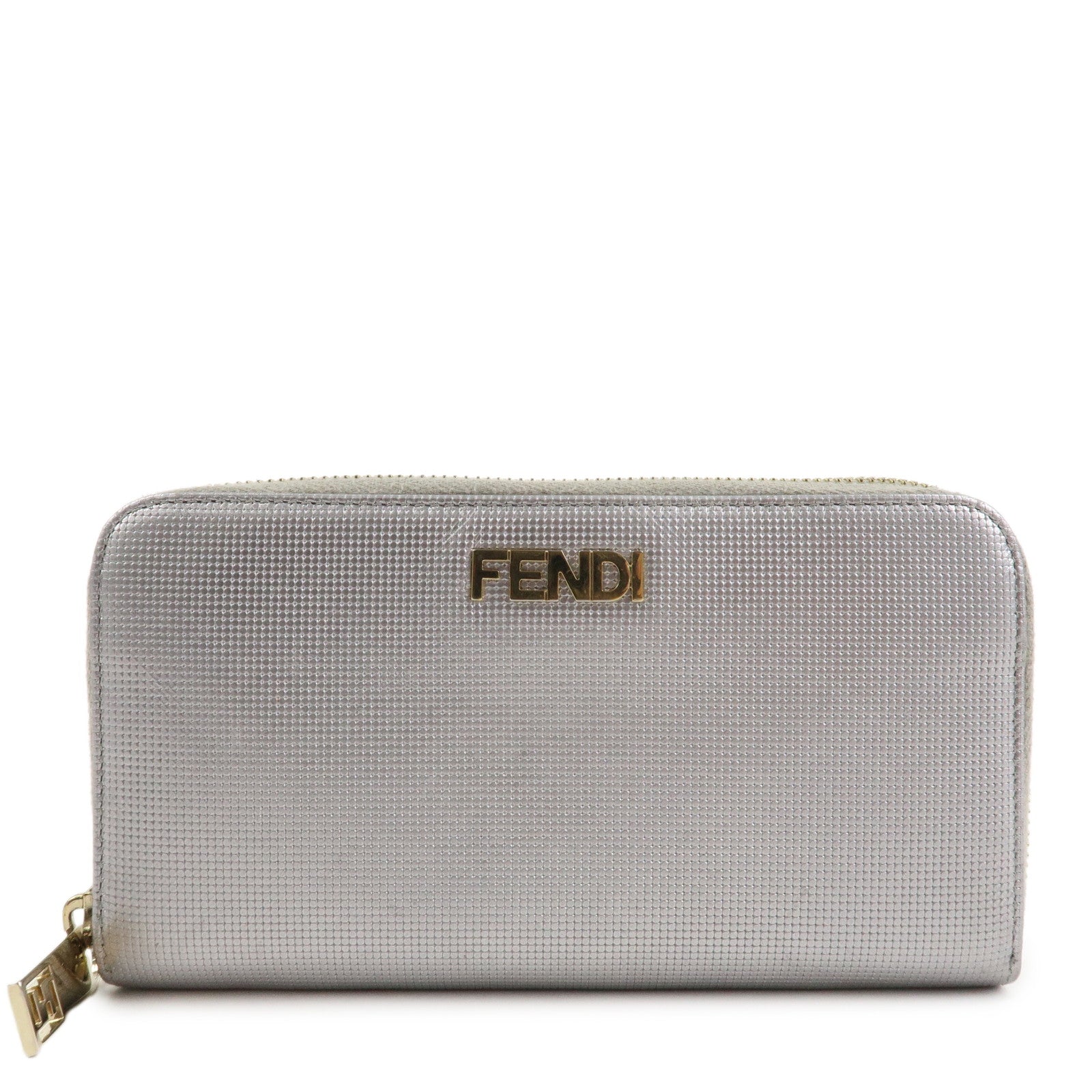FENDI Leather Round Zippy Long Wallet Silver 8M0024 Used