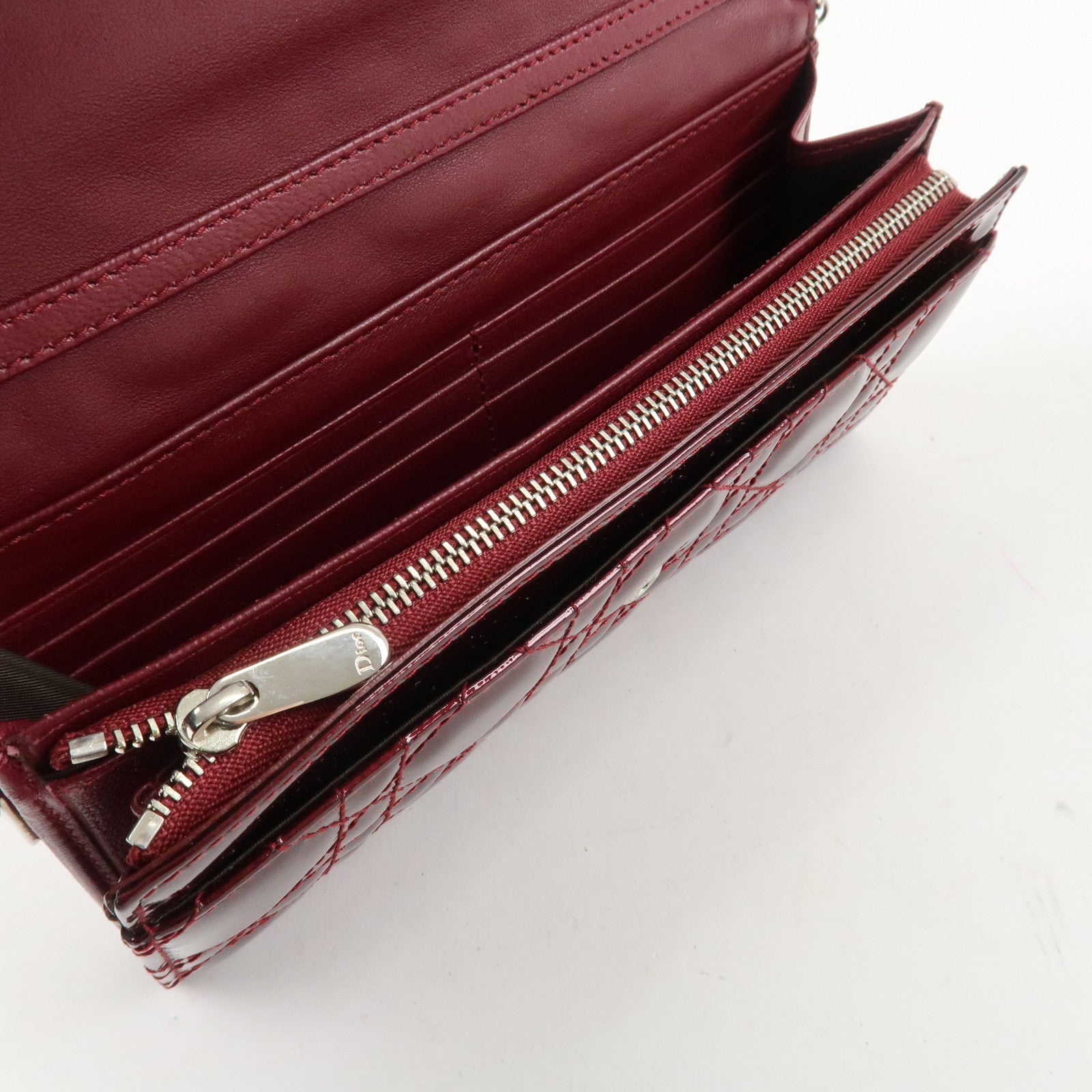 Christian Dior Lady Dior Cannage Patent Leather Chain Wallet Bordeaux Used