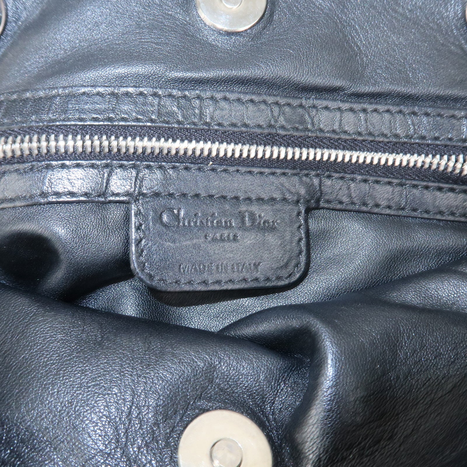 Christian Dior Woven Leather Logo Charm Chain Tote Bag Black