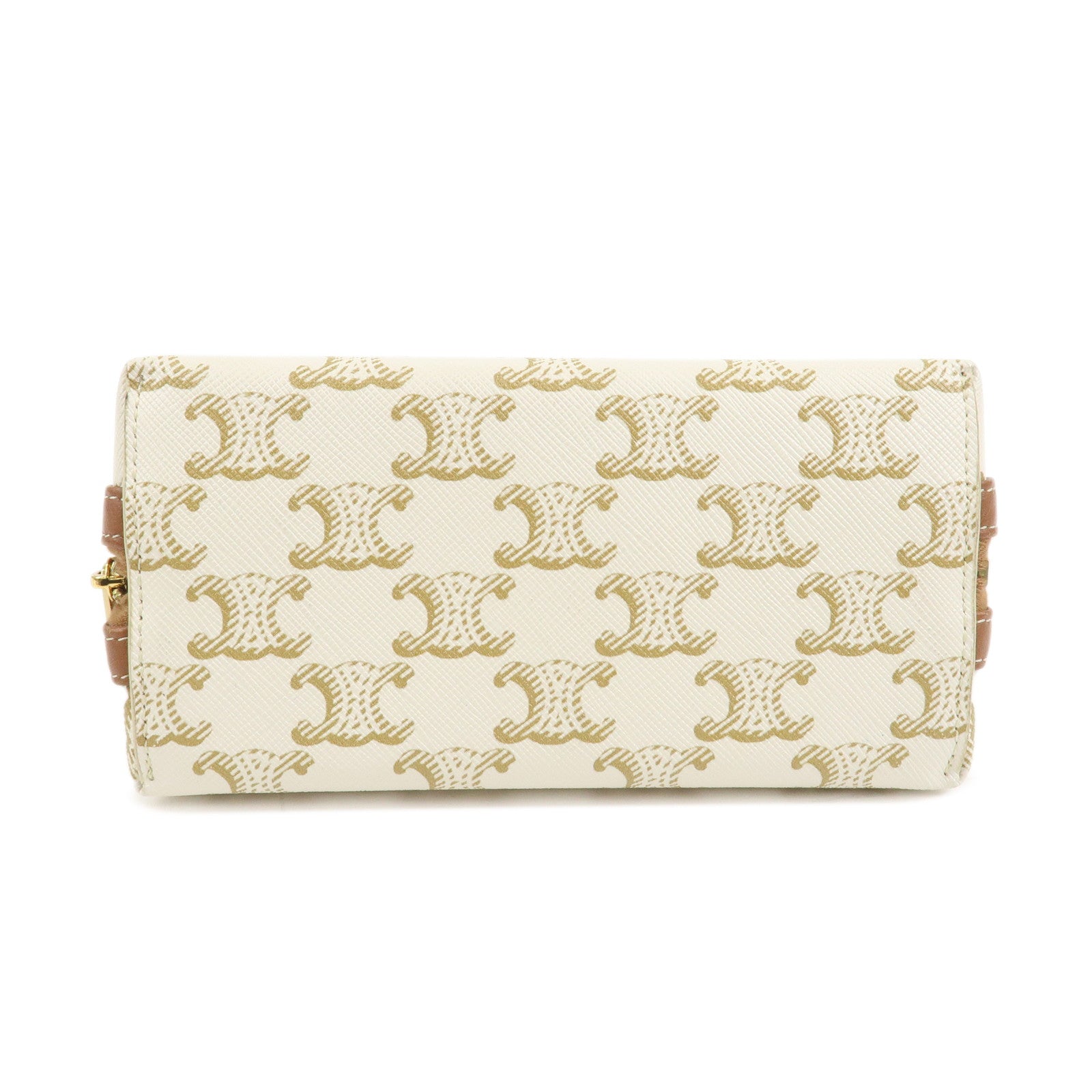 CELINE Triomphe Canvas Lamb Skin Chain Shoulder Bag Ivory Brown