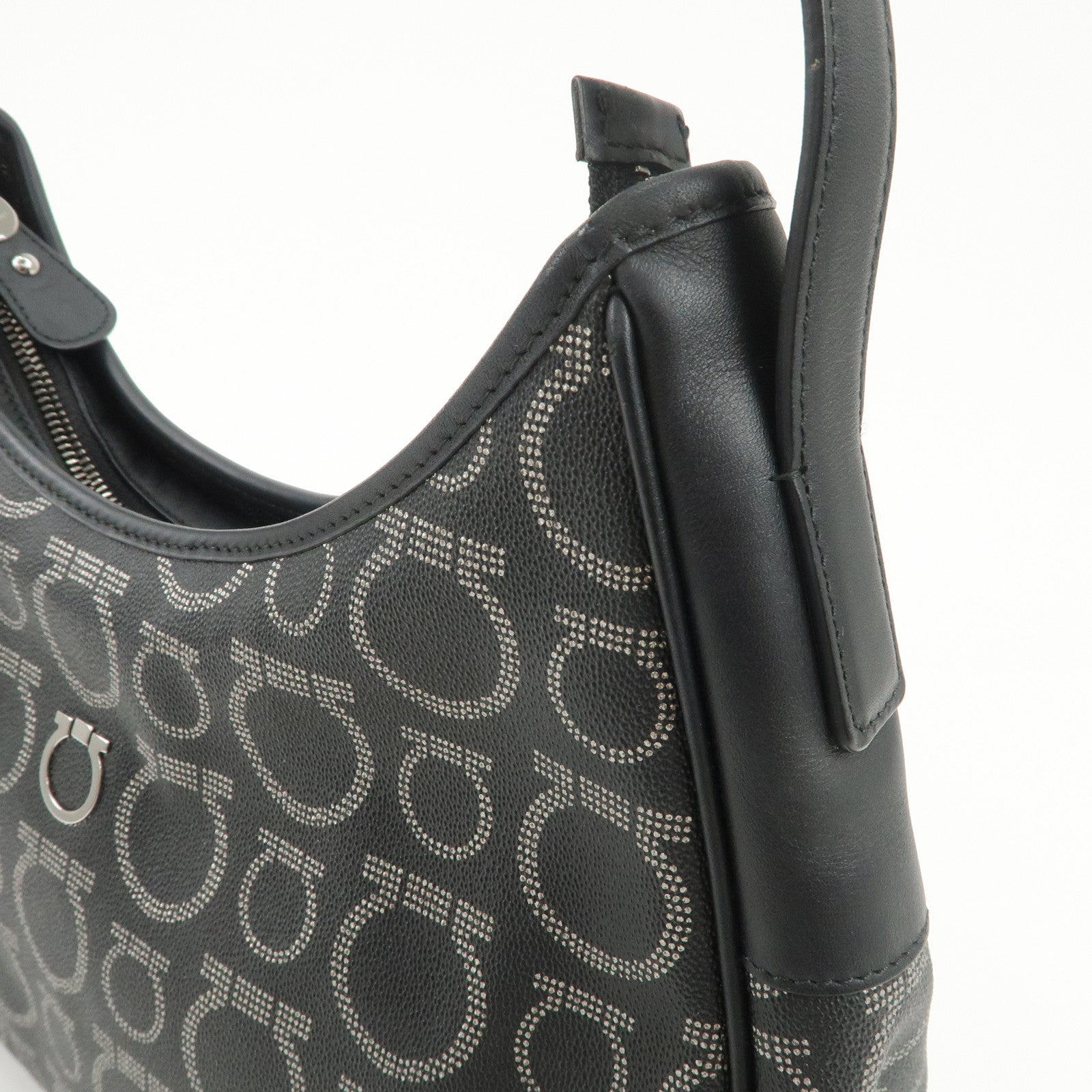 Ferragamo Gancini Logo PVC Leather Shoulder Bag Hand Bag Black