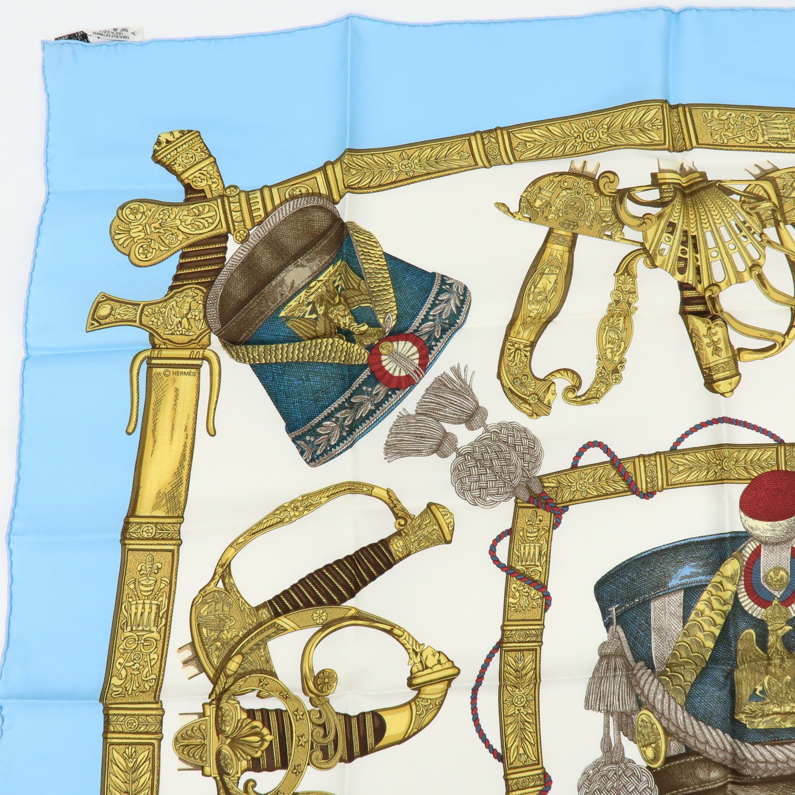 HERMES Carre 90 Silk 100% Scarf GRANDUNIFORM Light Blue Gold