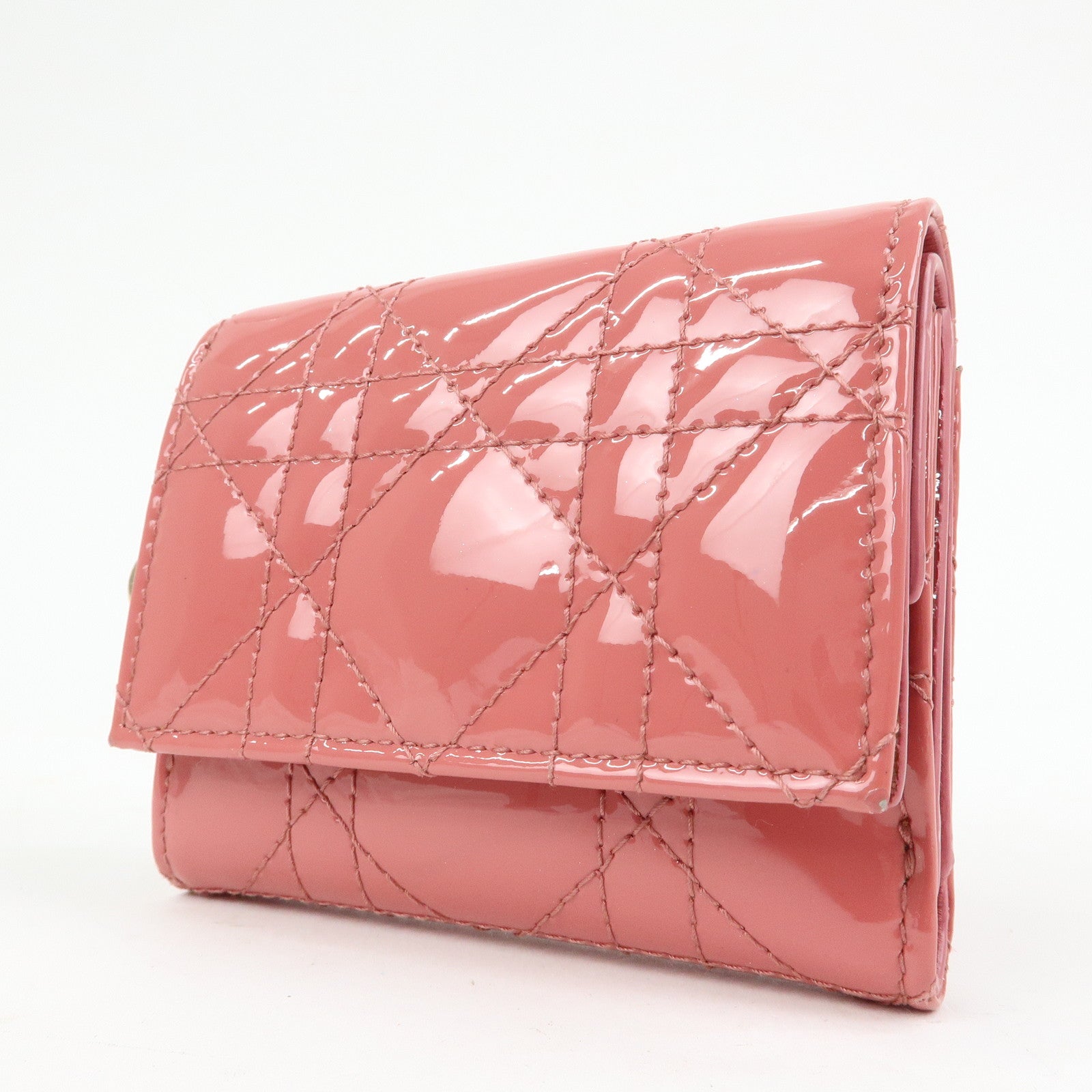 Christian Dior Cannage Patent Leather Bi-fold Compact Wallet Pink
