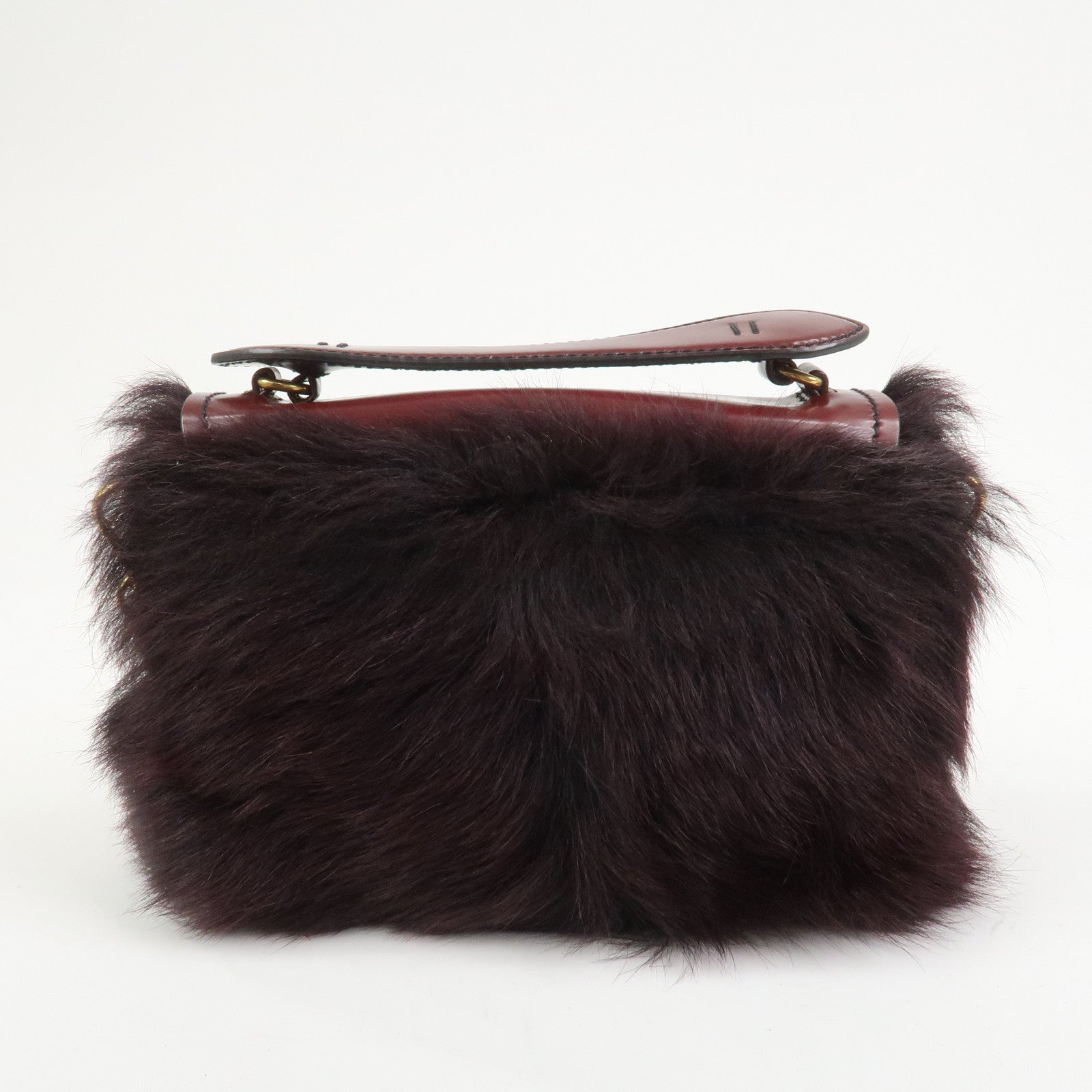 PRADA Leather Fur Chain Shoulder Bag Crossbody Bag Brown BP0368