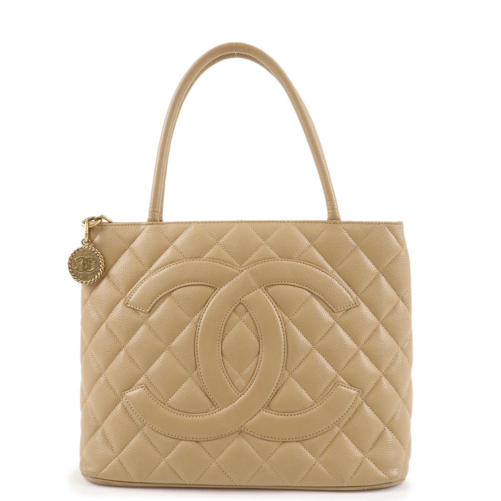 CHANEL Matelasse Caviarskin Medalion Tote Bag Hand Bag Beige A01804 Used