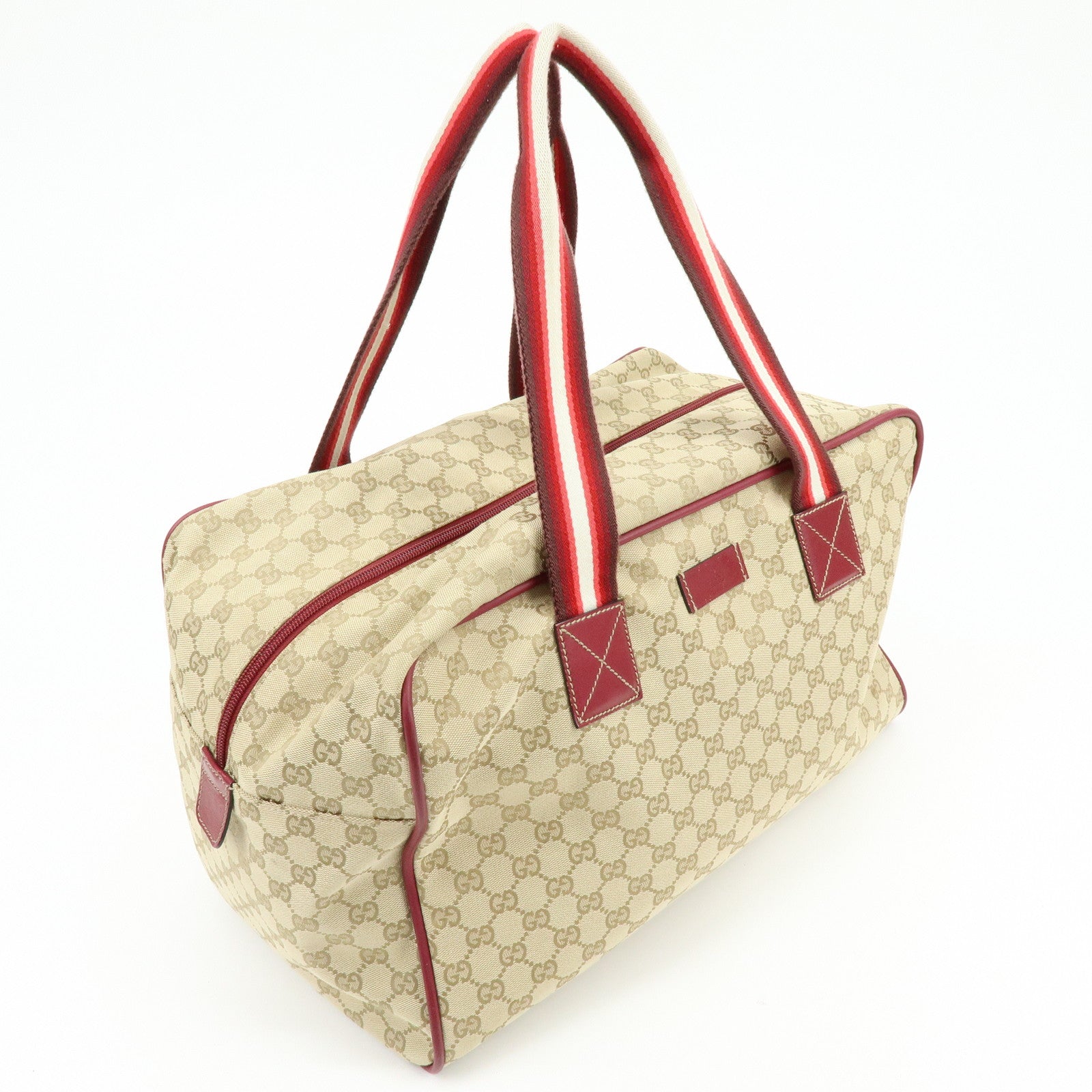 GUCCI GG Canvas Leather Boston Bag Shoulder Bag Beige Red 153240